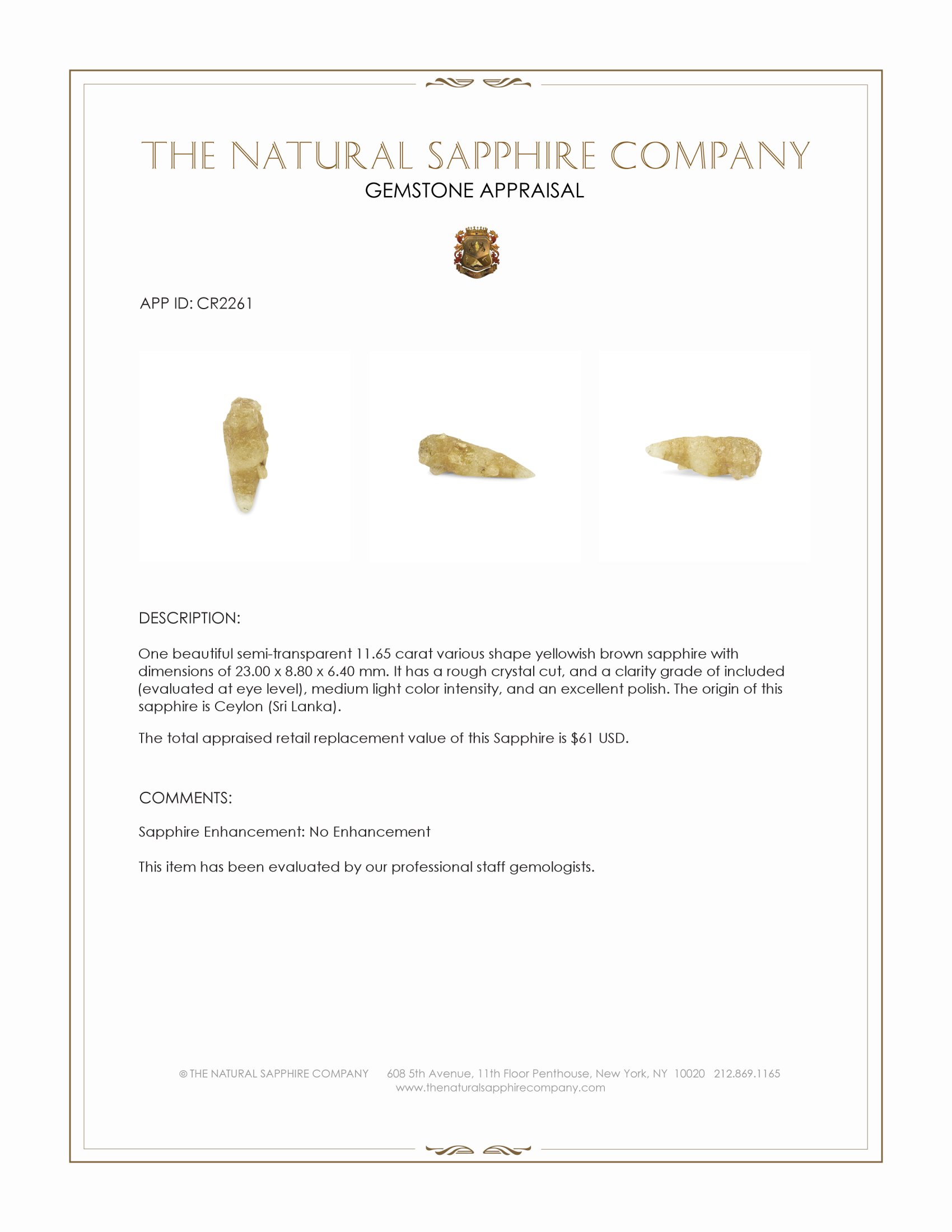 11.65 Ct. Yellowish Brown Sapphire Crystal from Ceylon (Sri Lanka)