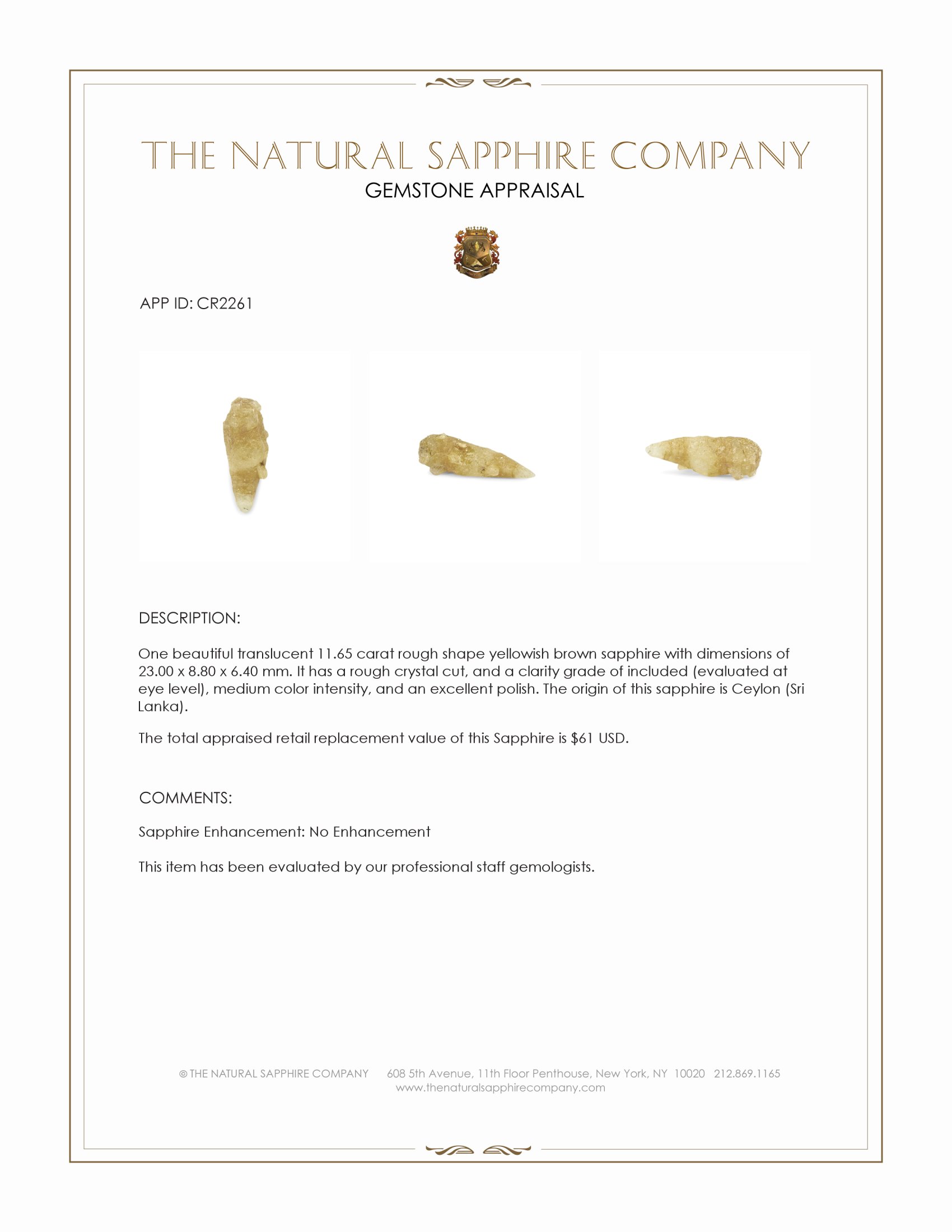 11.65 Ct. Yellowish Brown Rough Sapphire Crystal from Ceylon (Sri Lanka)