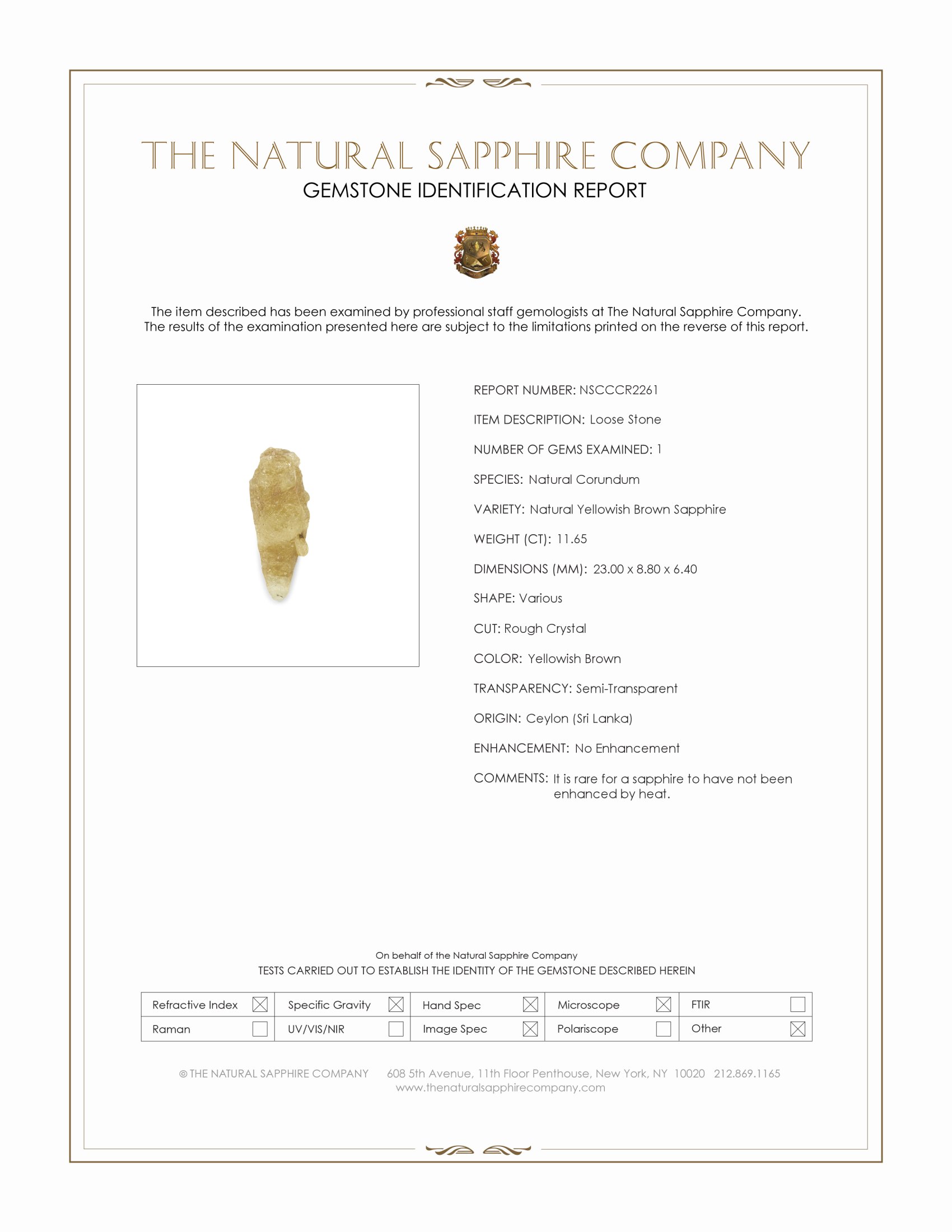 11.65 Ct. Yellowish Brown Sapphire Crystal from Ceylon (Sri Lanka)