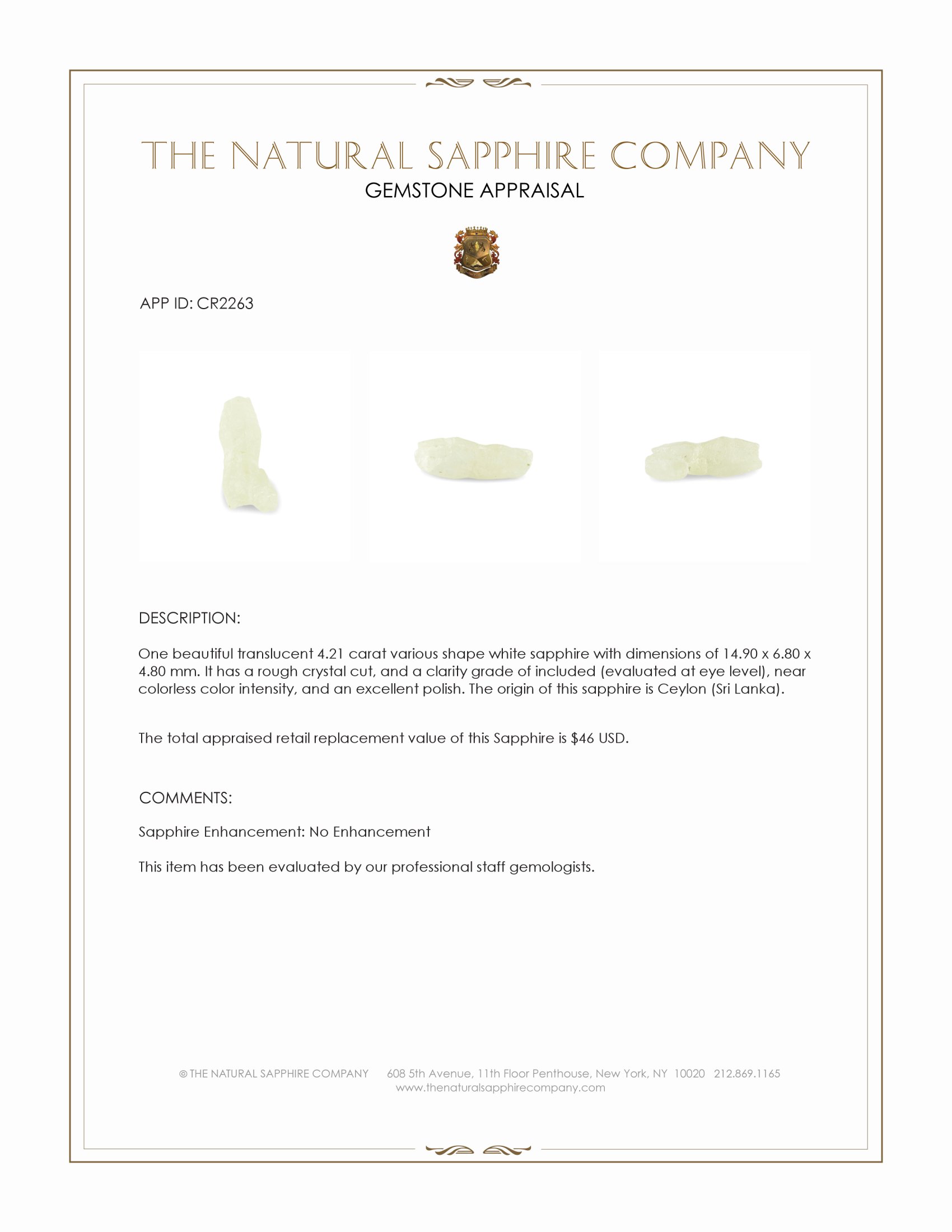 4.21 Ct. White Sapphire Crystal from Ceylon (Sri Lanka)