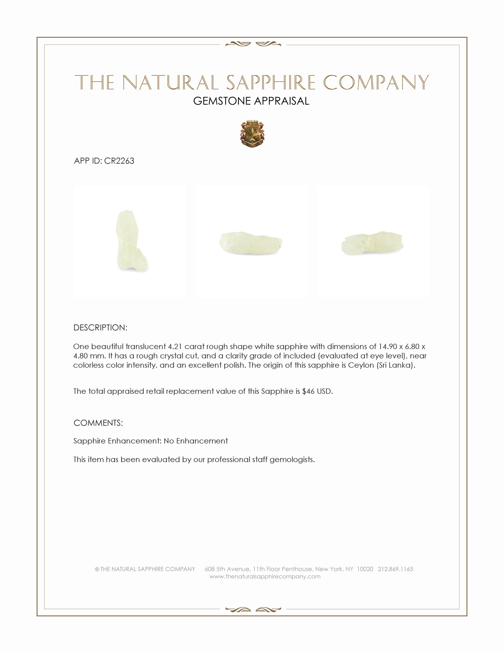 4.21 Ct. White Rough Sapphire Crystal from Ceylon (Sri Lanka)