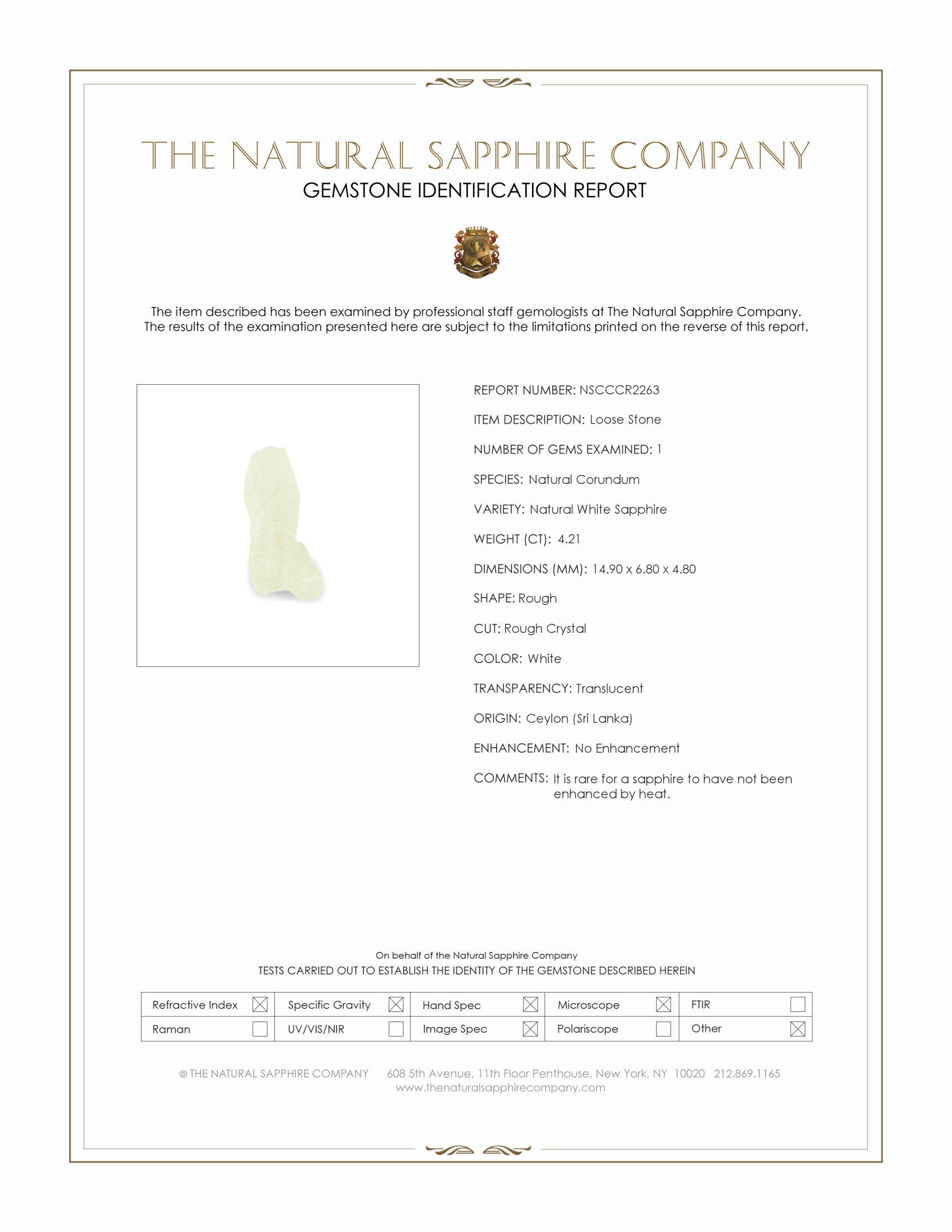 4.21 Ct. White Rough Sapphire Crystal from Ceylon (Sri Lanka)