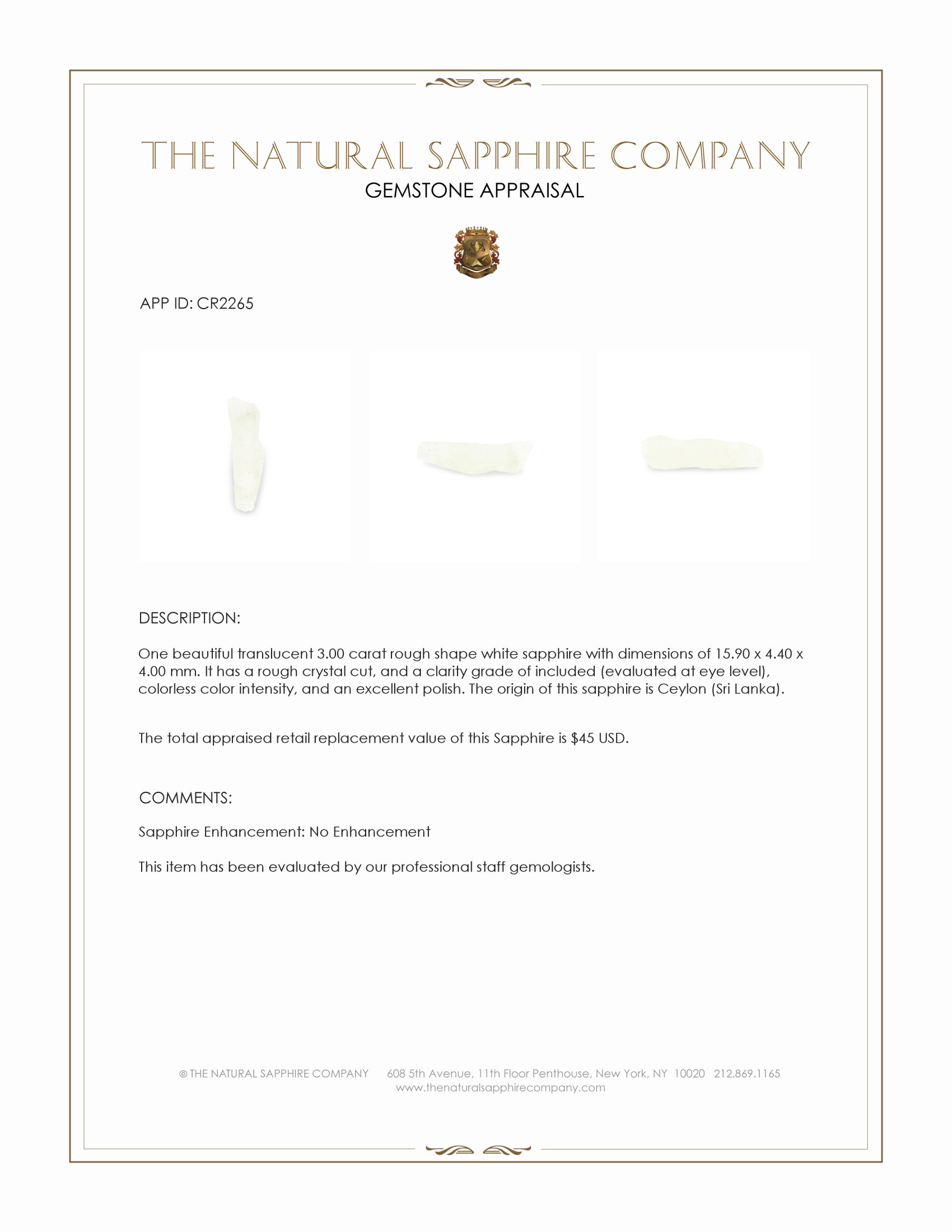 3.00 Ct. White Rough Sapphire Crystal from Ceylon (Sri Lanka)