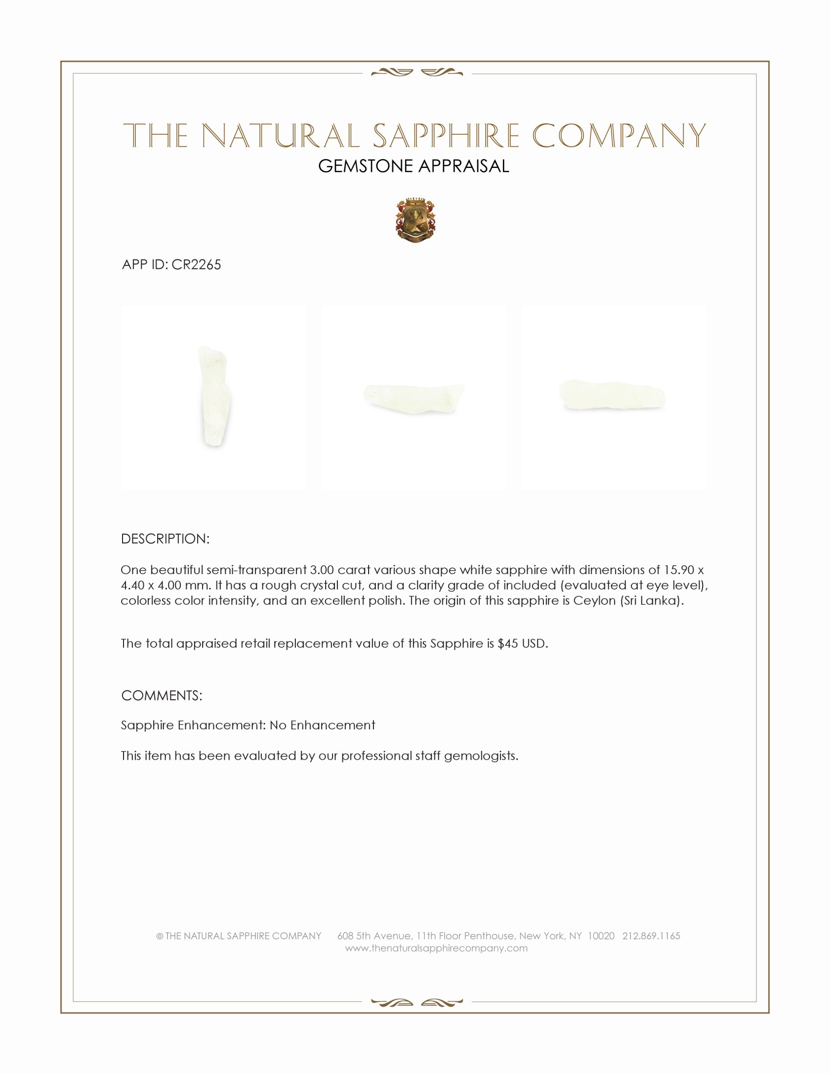 3.00 Ct. White Sapphire Crystal from Ceylon (Sri Lanka)