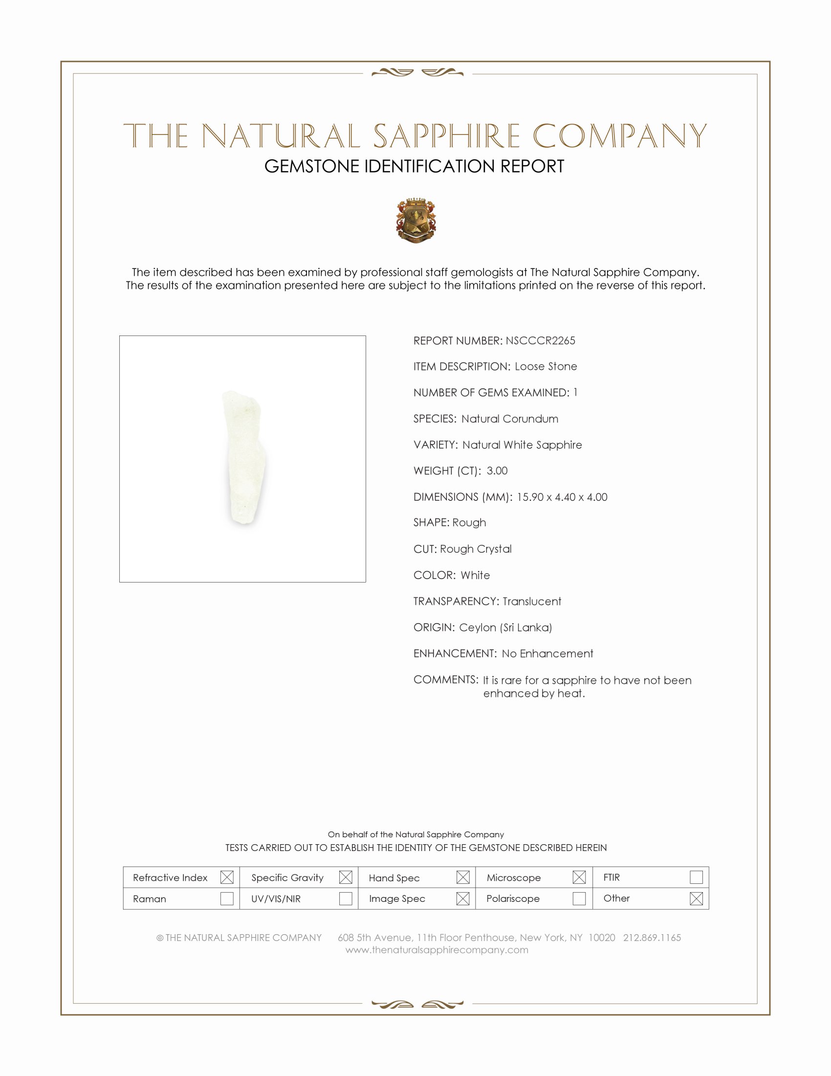 3.00 Ct. White Rough Sapphire Crystal from Ceylon (Sri Lanka)