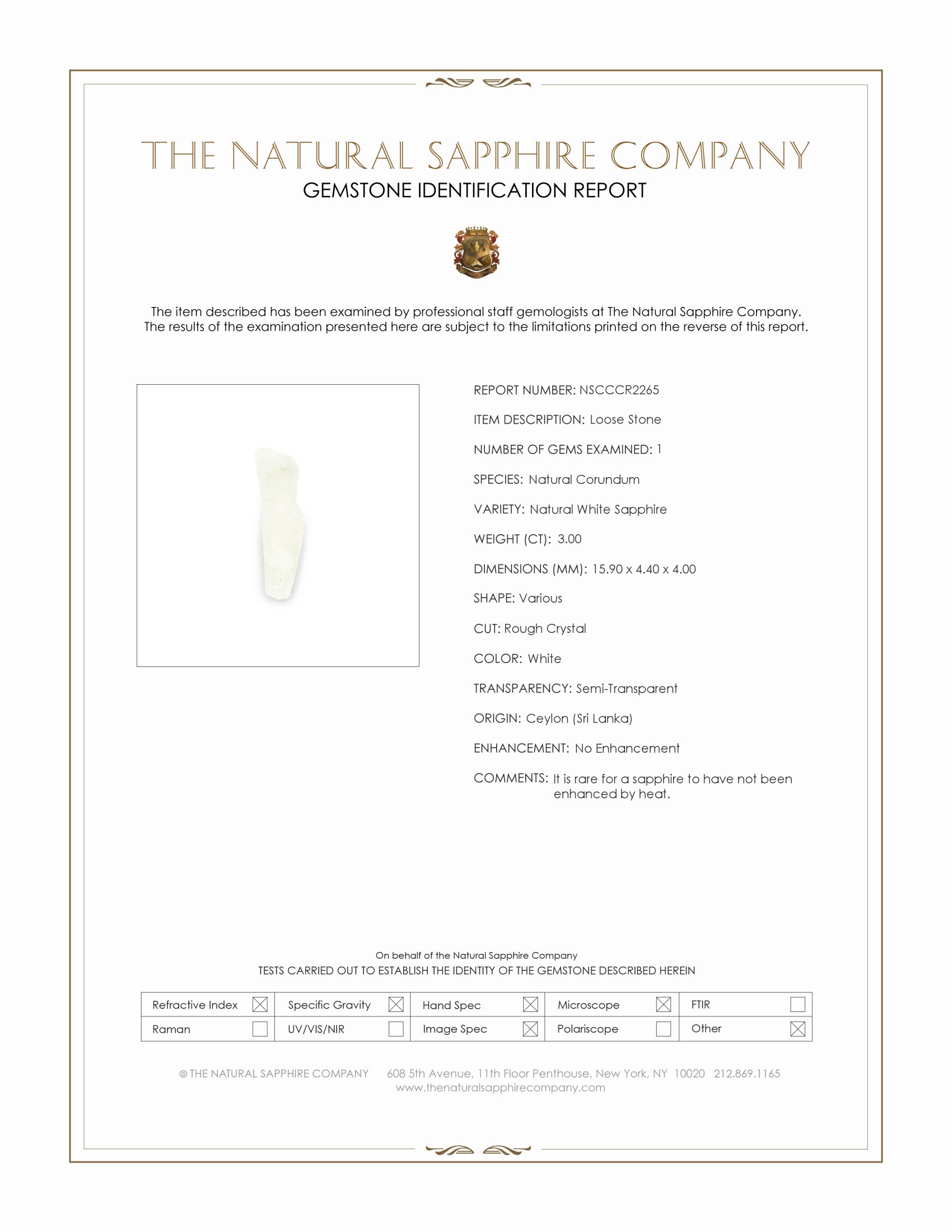 3.00 Ct. White Sapphire Crystal from Ceylon (Sri Lanka)