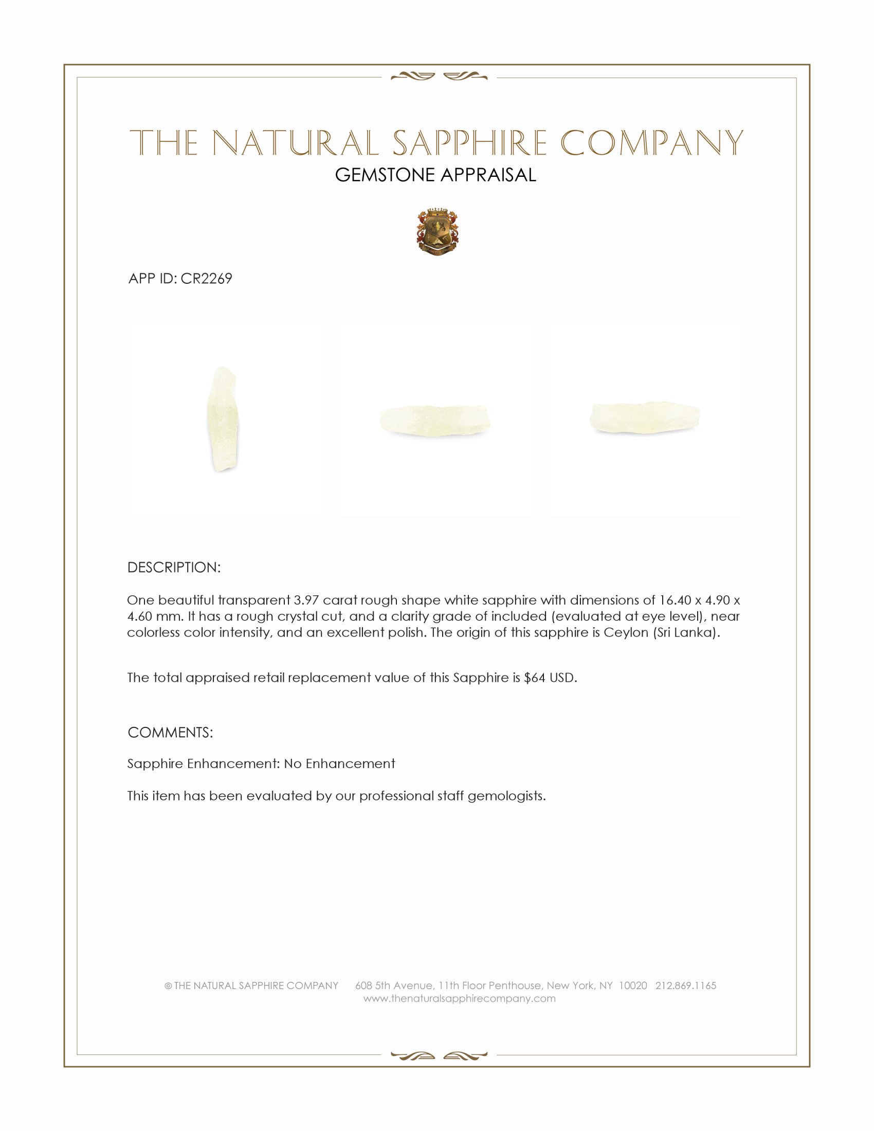 3.97 Ct. White Rough Sapphire Crystal from Ceylon (Sri Lanka)