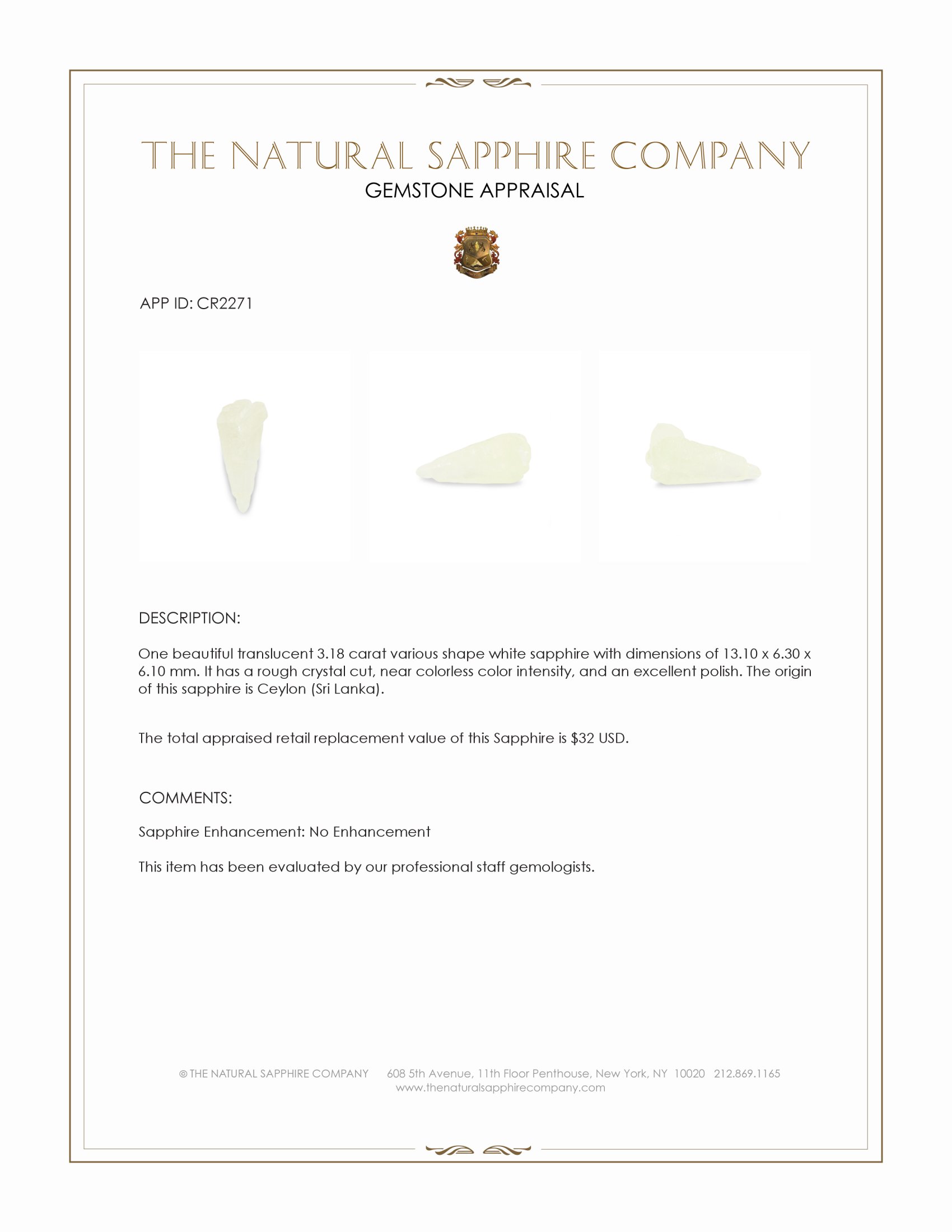 3.18 Ct. White Sapphire Crystal from Ceylon (Sri Lanka)