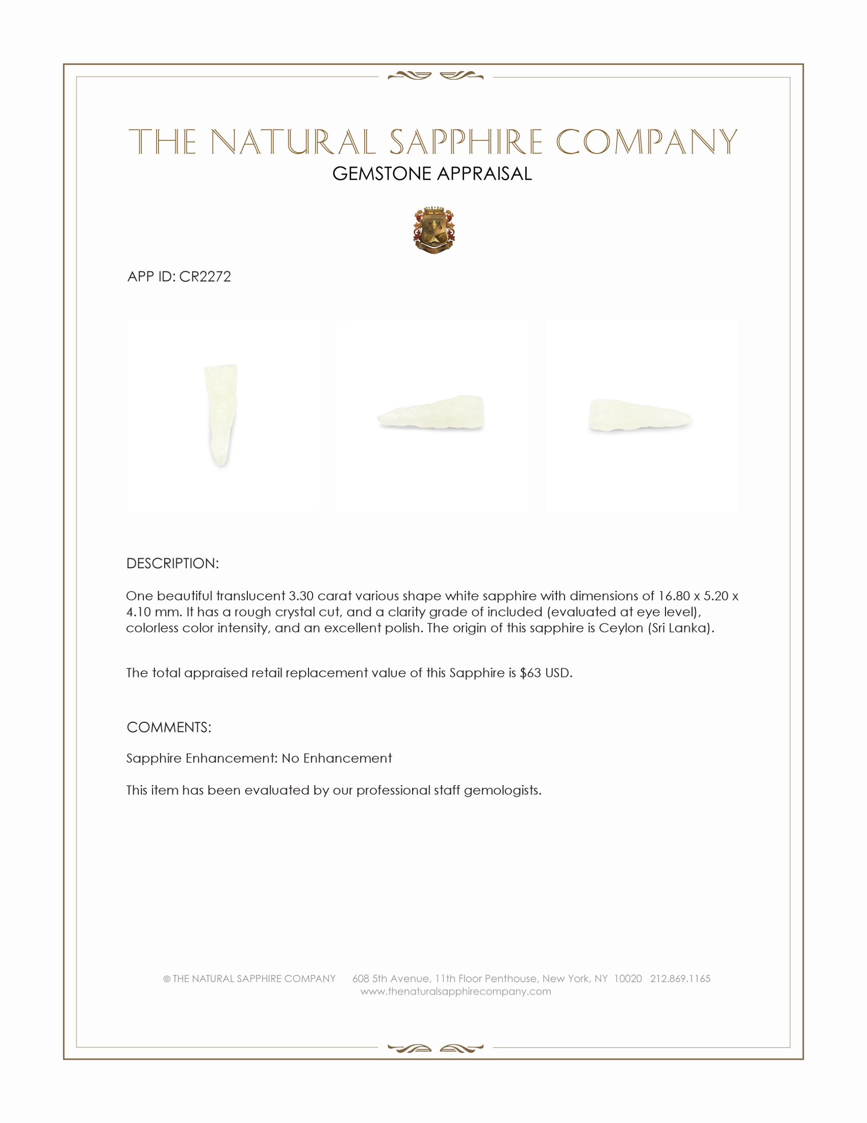 3.30 Ct. White Sapphire Crystal from Ceylon (Sri Lanka)