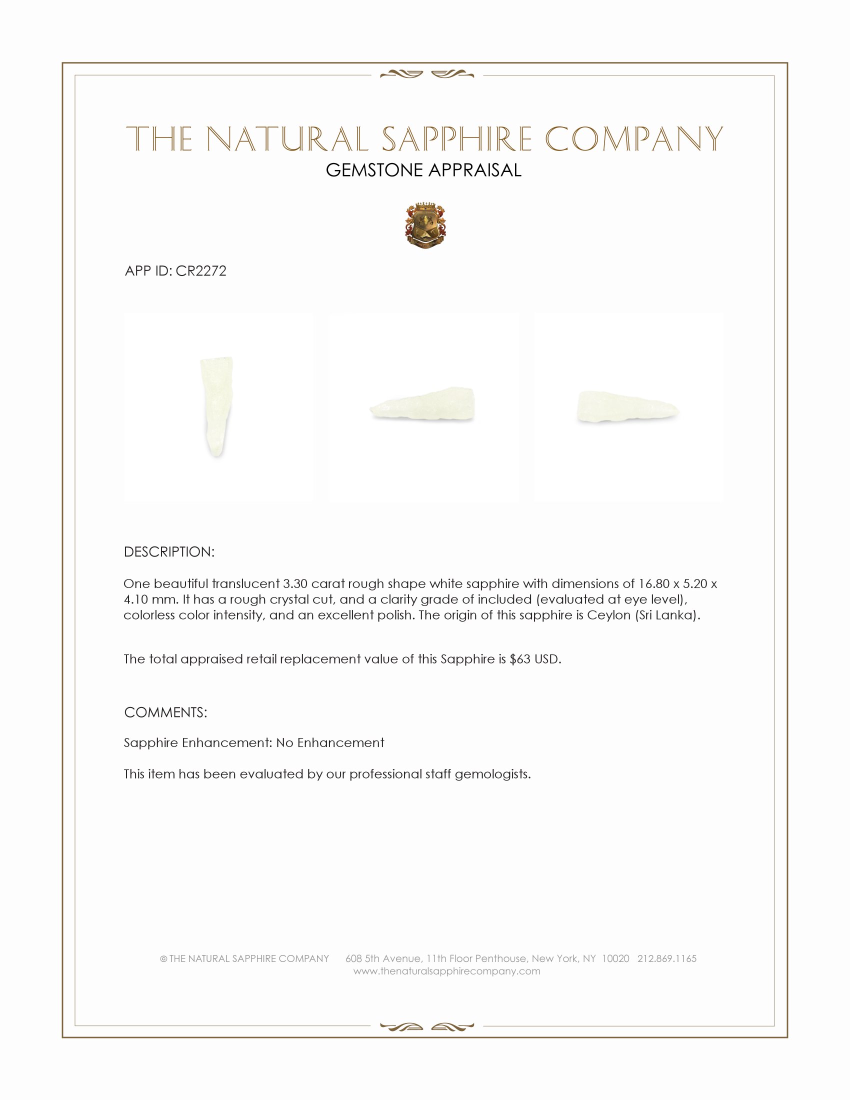 3.30 Ct. White Rough Sapphire Crystal from Ceylon (Sri Lanka)