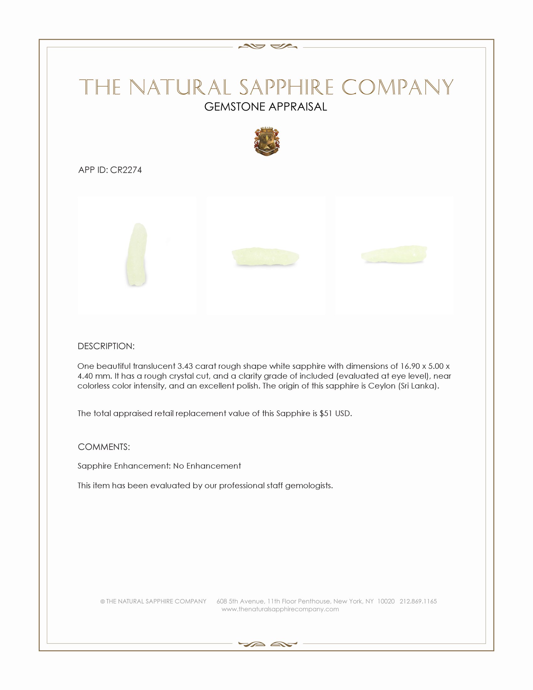 3.43 Ct. White Rough Sapphire Crystal from Ceylon (Sri Lanka)