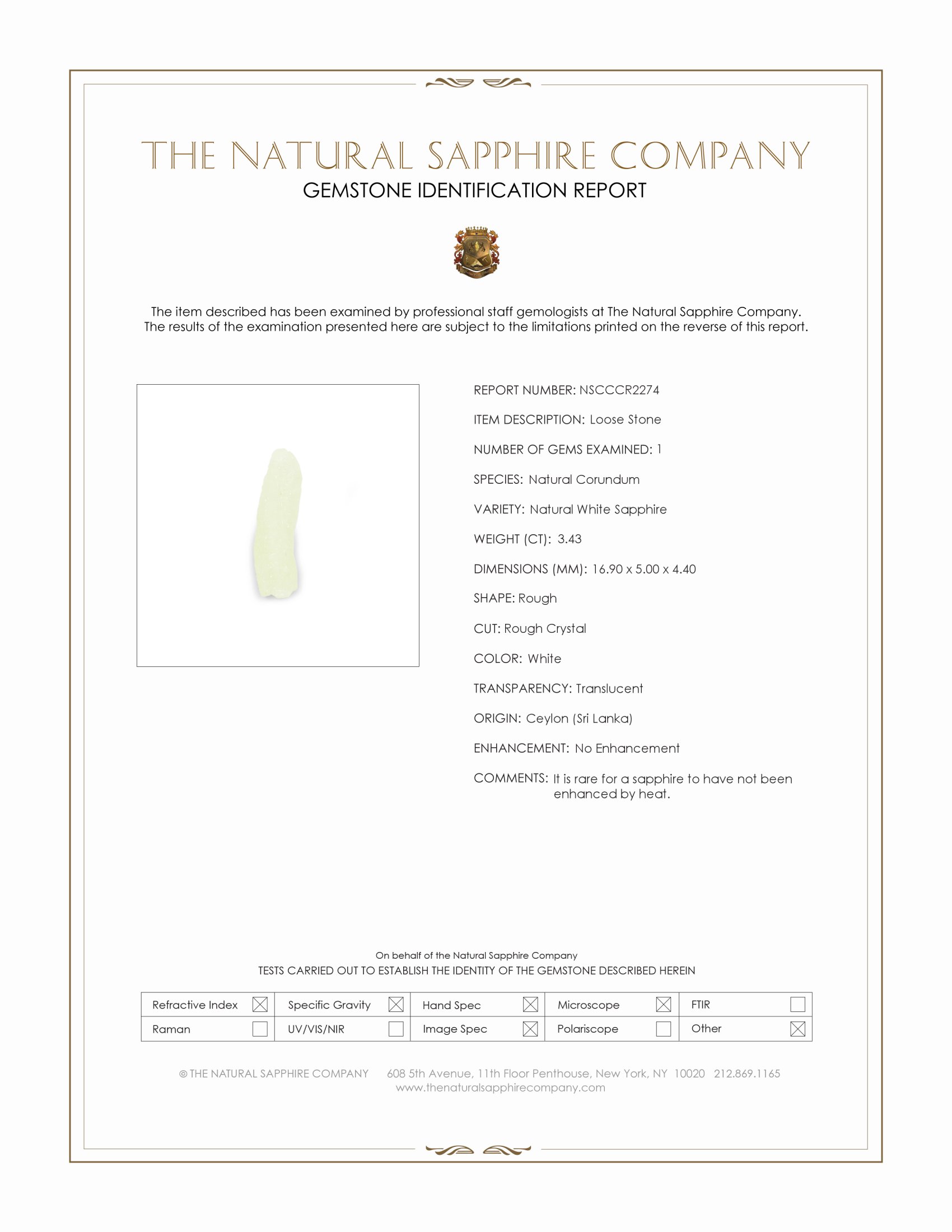 3.43 Ct. White Rough Sapphire Crystal from Ceylon (Sri Lanka)