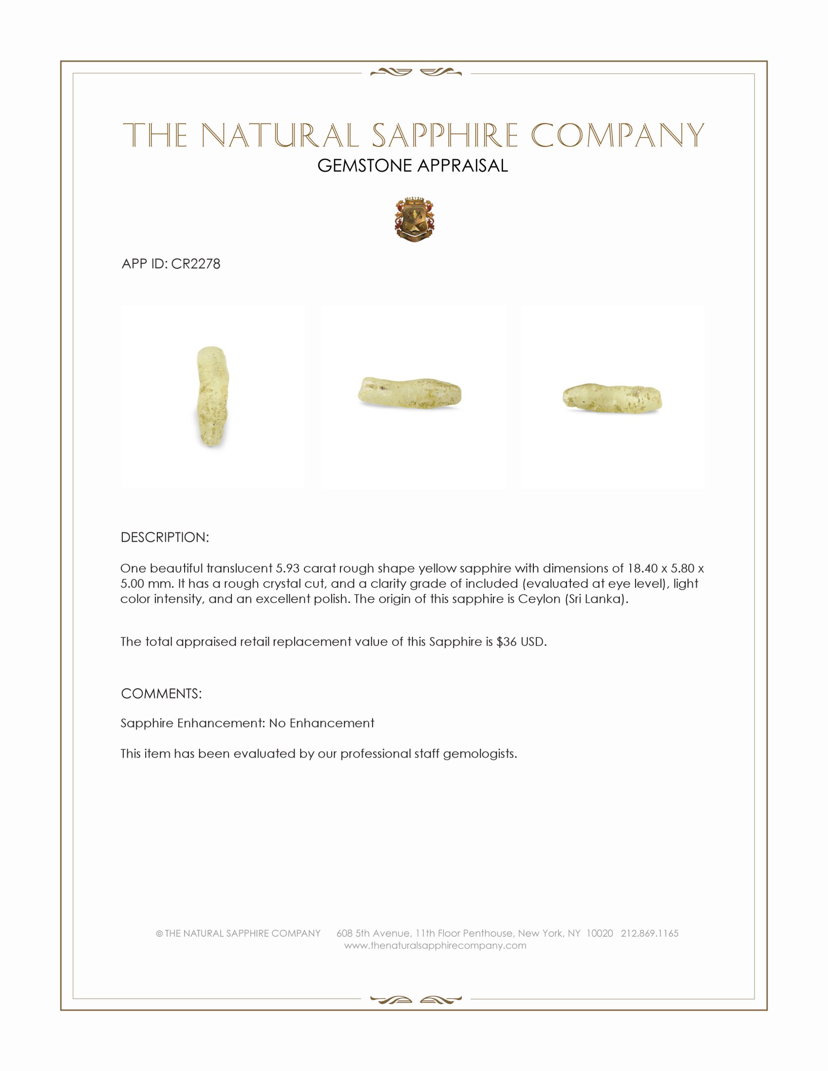 5.93 Ct. Yellow Rough Sapphire Crystal from Ceylon (Sri Lanka)