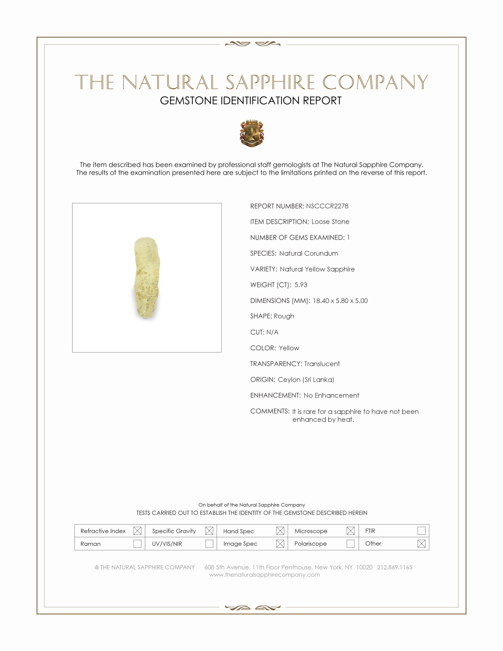 5.93 Ct. Yellow Rough Sapphire from Ceylon (Sri Lanka)