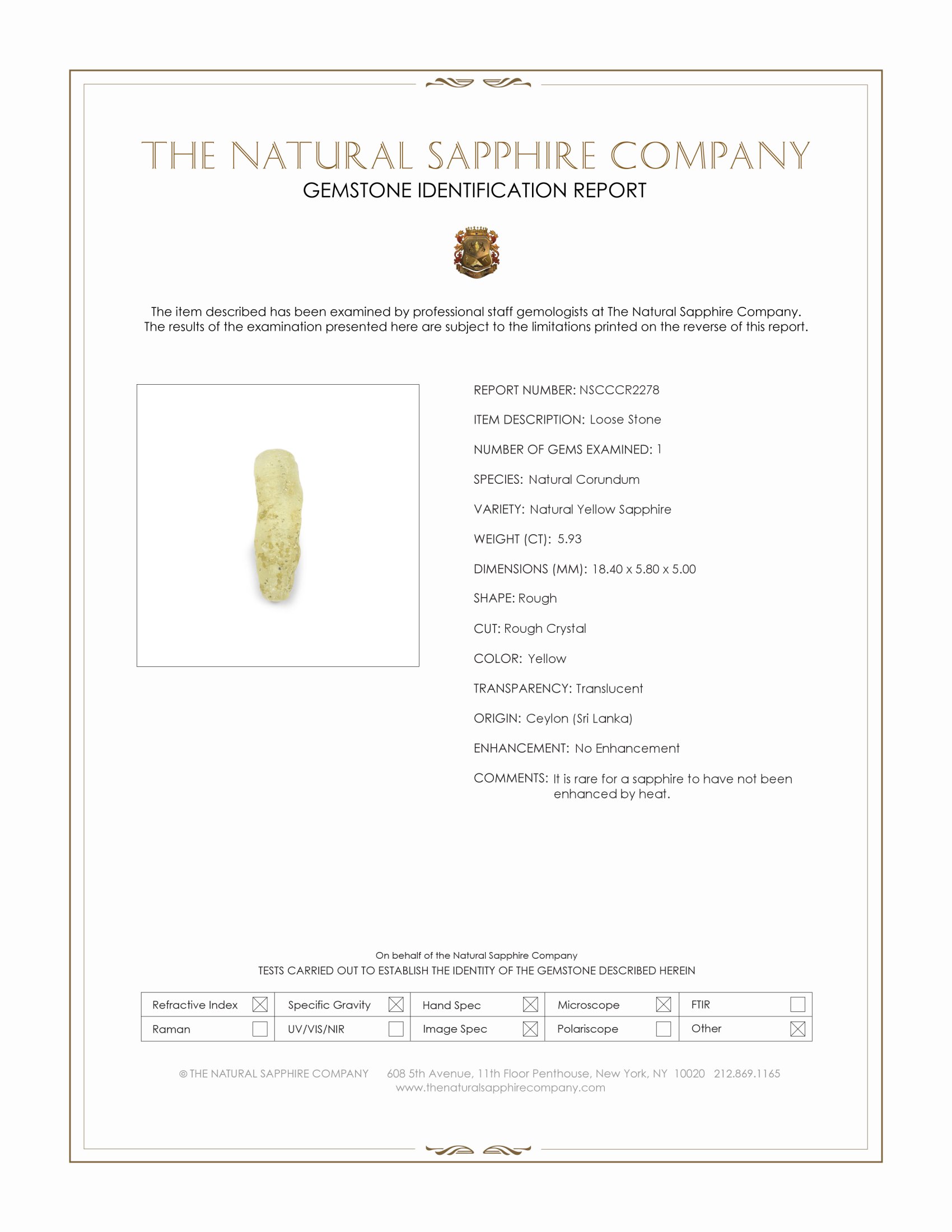 5.93 Ct. Yellow Rough Sapphire Crystal from Ceylon (Sri Lanka)