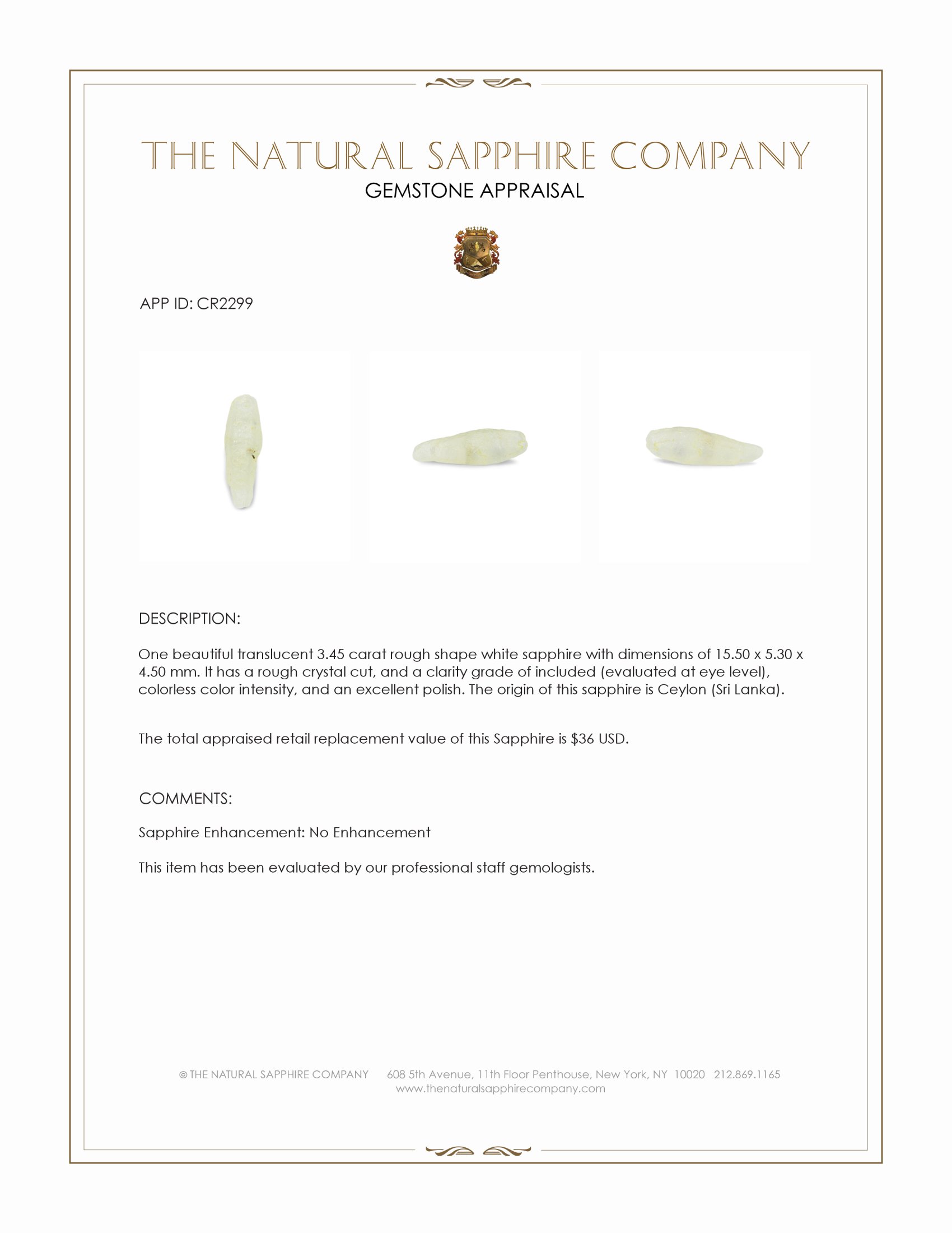 3.45 Ct. White Rough Sapphire Crystal from Ceylon (Sri Lanka)