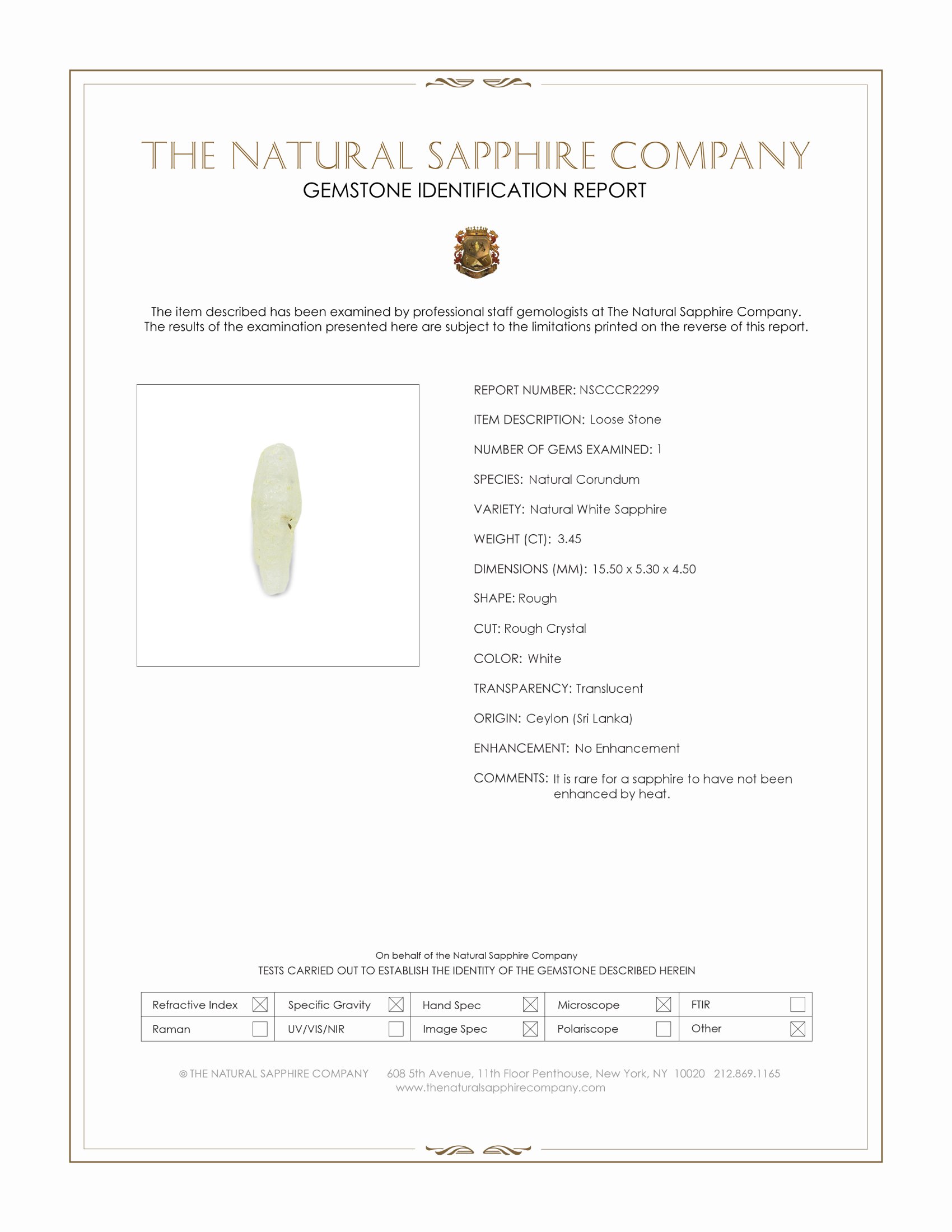 3.45 Ct. White Rough Sapphire Crystal from Ceylon (Sri Lanka)