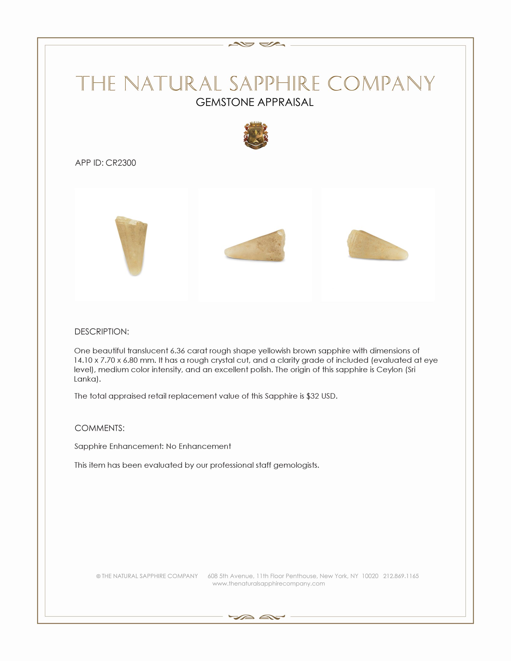 6.36 Ct. Yellowish Brown Rough Sapphire Crystal from Ceylon (Sri Lanka)