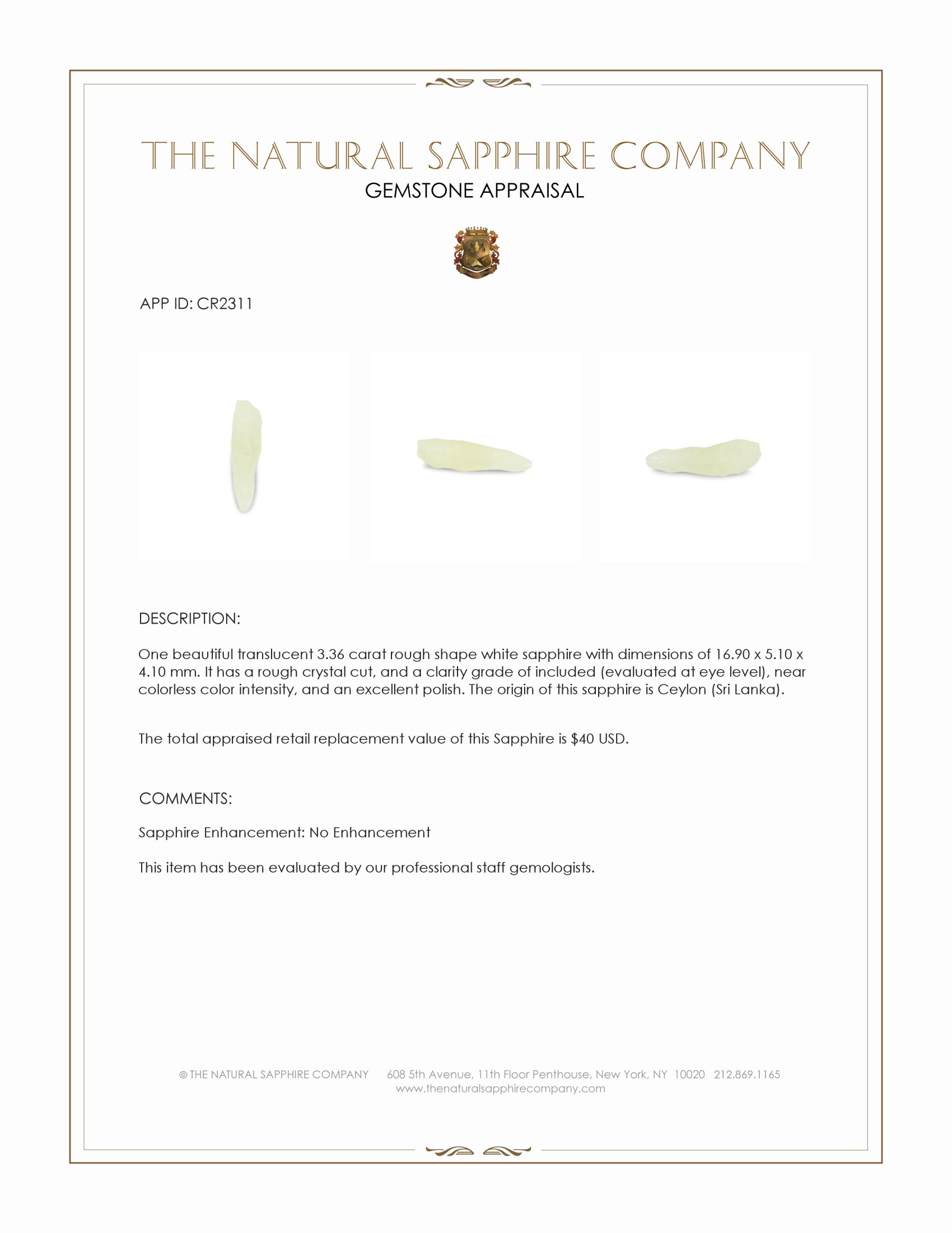 3.36 Ct. White Rough Sapphire Crystal from Ceylon (Sri Lanka)