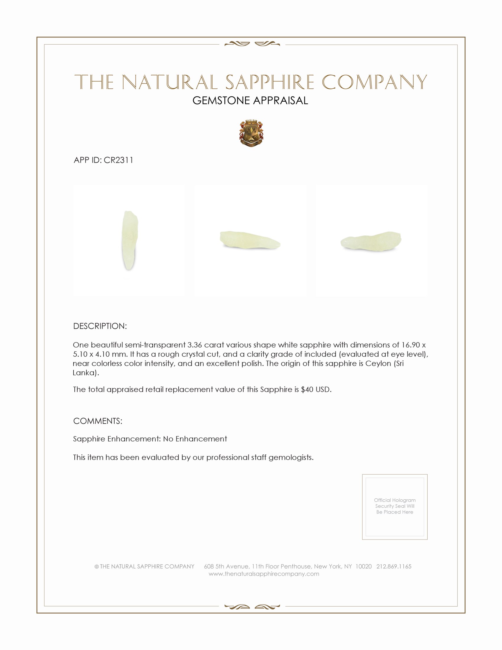 3.36 Ct. White Sapphire Crystal from Ceylon (Sri Lanka)