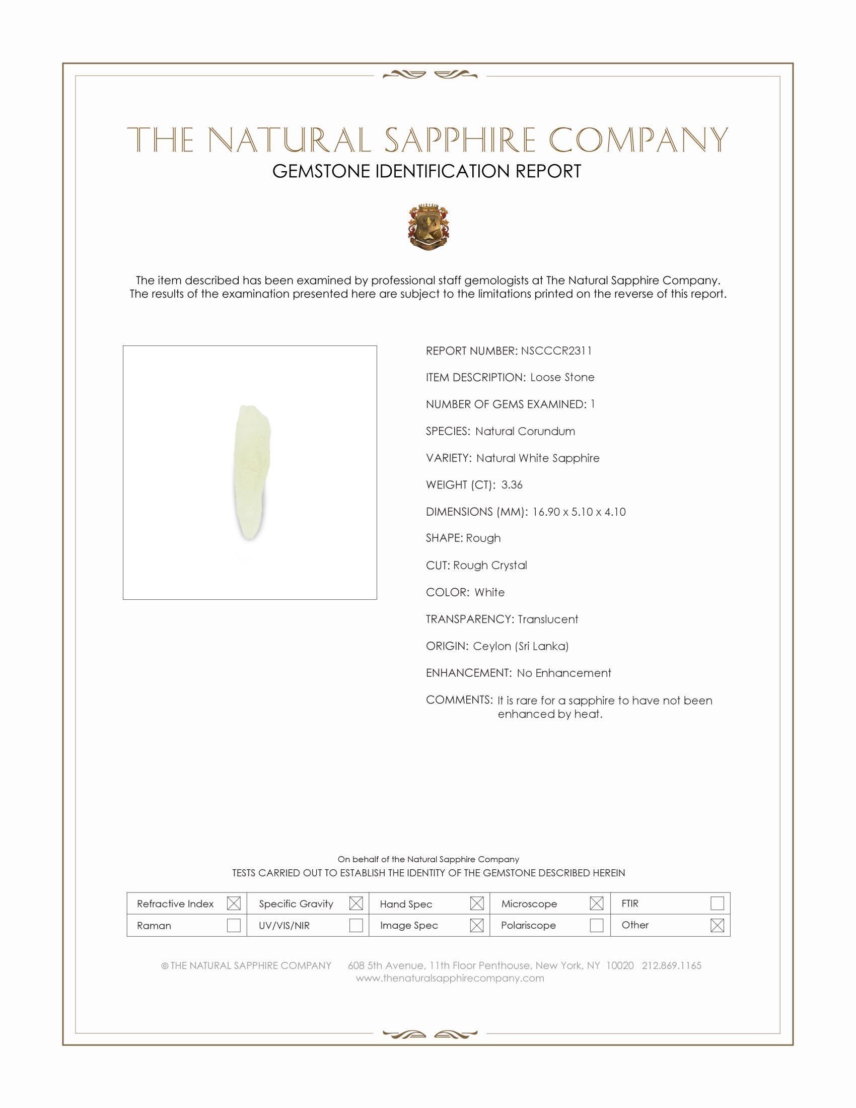 3.36 Ct. White Rough Sapphire Crystal from Ceylon (Sri Lanka)