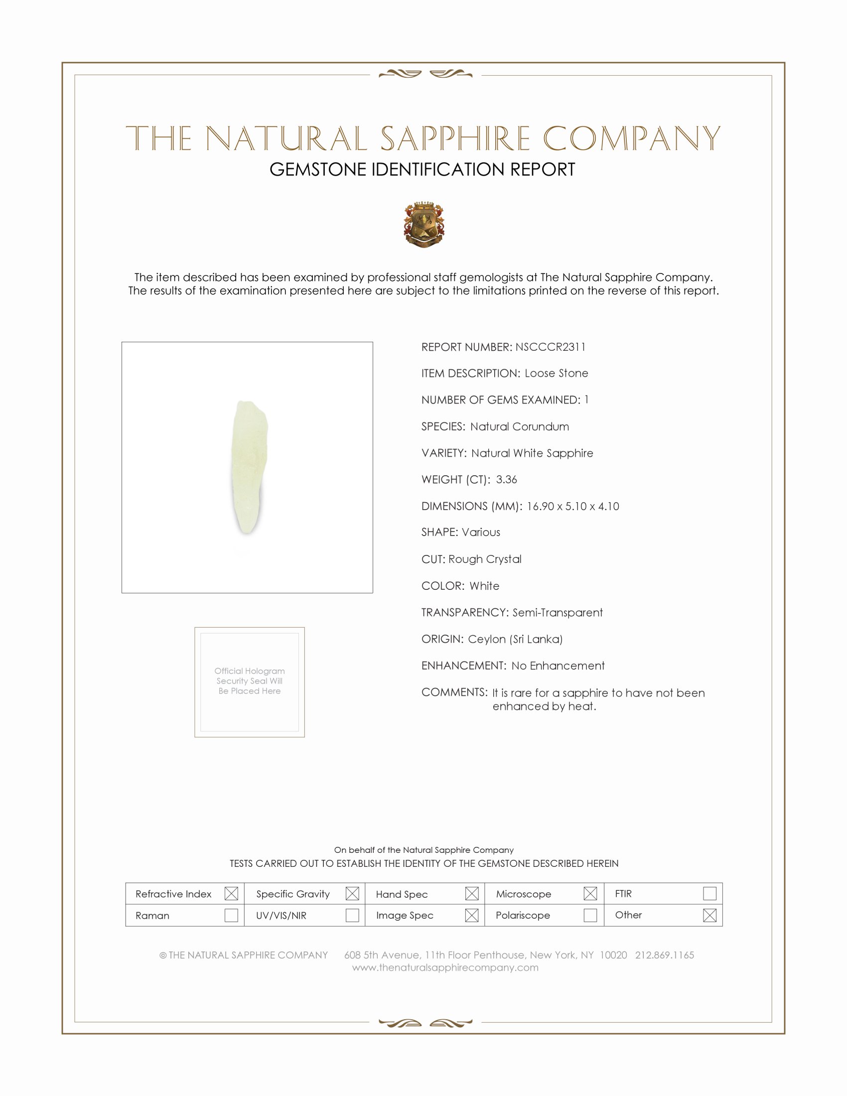3.36 Ct. White Sapphire Crystal from Ceylon (Sri Lanka)
