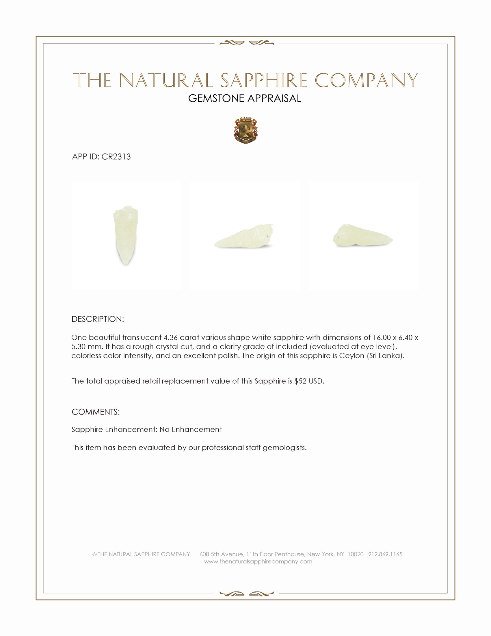 4.36 Ct. White Sapphire Crystal from Ceylon (Sri Lanka)