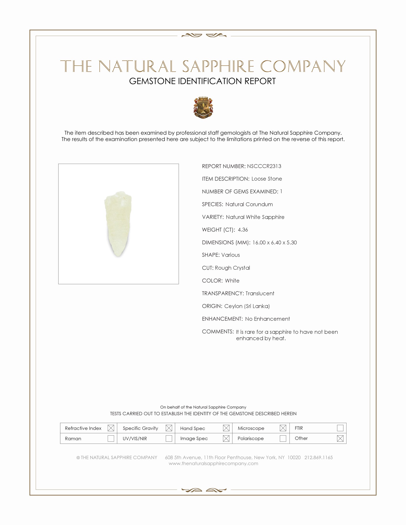 4.36 Ct. White Sapphire Crystal from Ceylon (Sri Lanka)