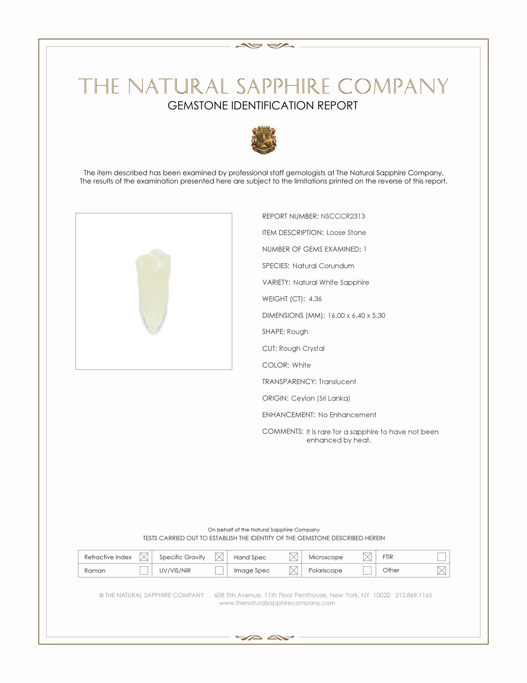 4.36 Ct. White Rough Sapphire Crystal from Ceylon (Sri Lanka)