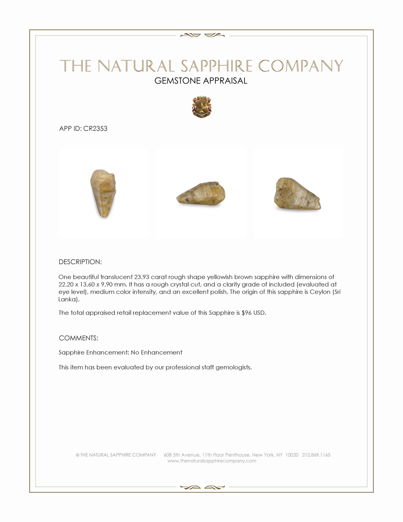 23.93 Ct. Yellowish Brown Rough Sapphire Crystal from Ceylon (Sri Lanka)