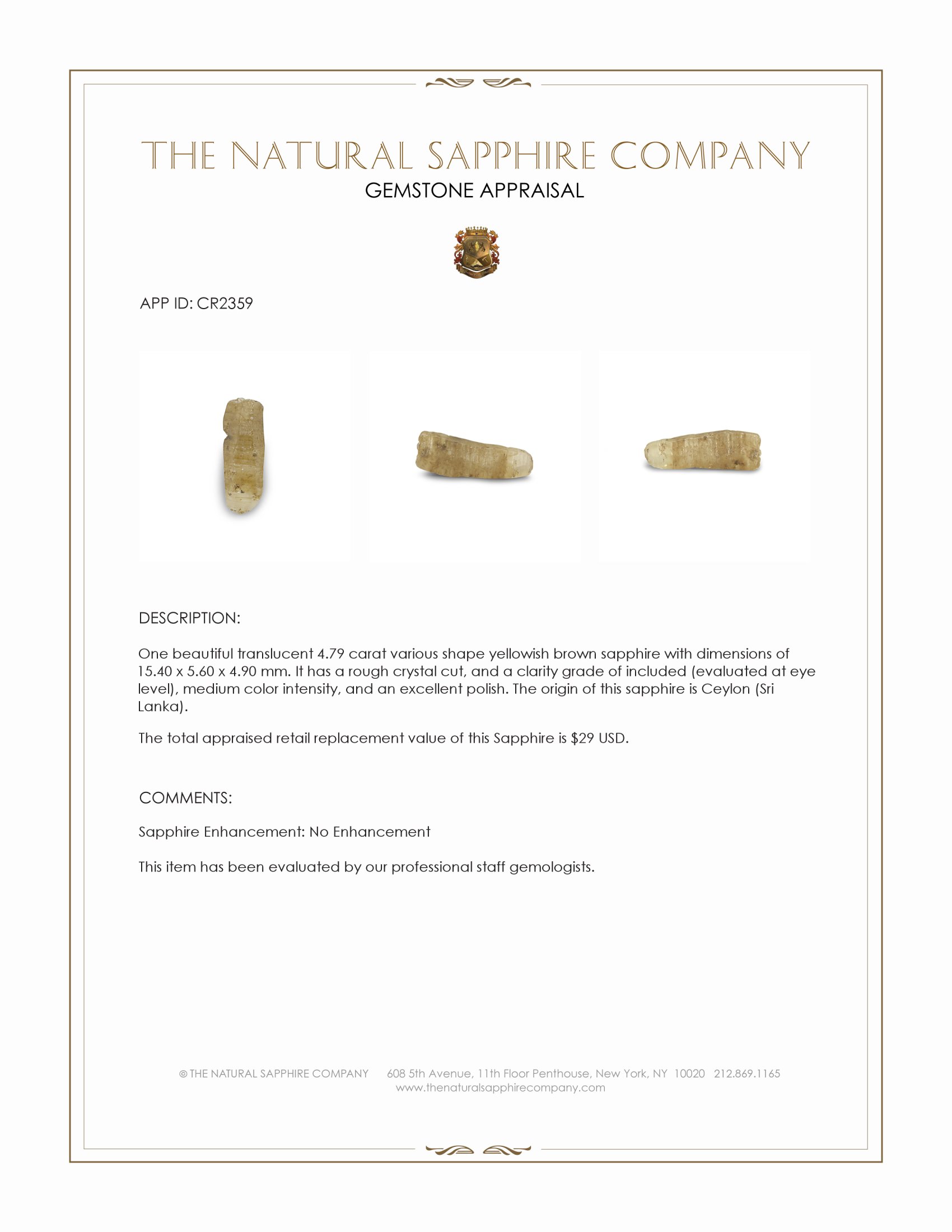 4.79 Ct. Yellowish Brown Sapphire Crystal from Ceylon (Sri Lanka)