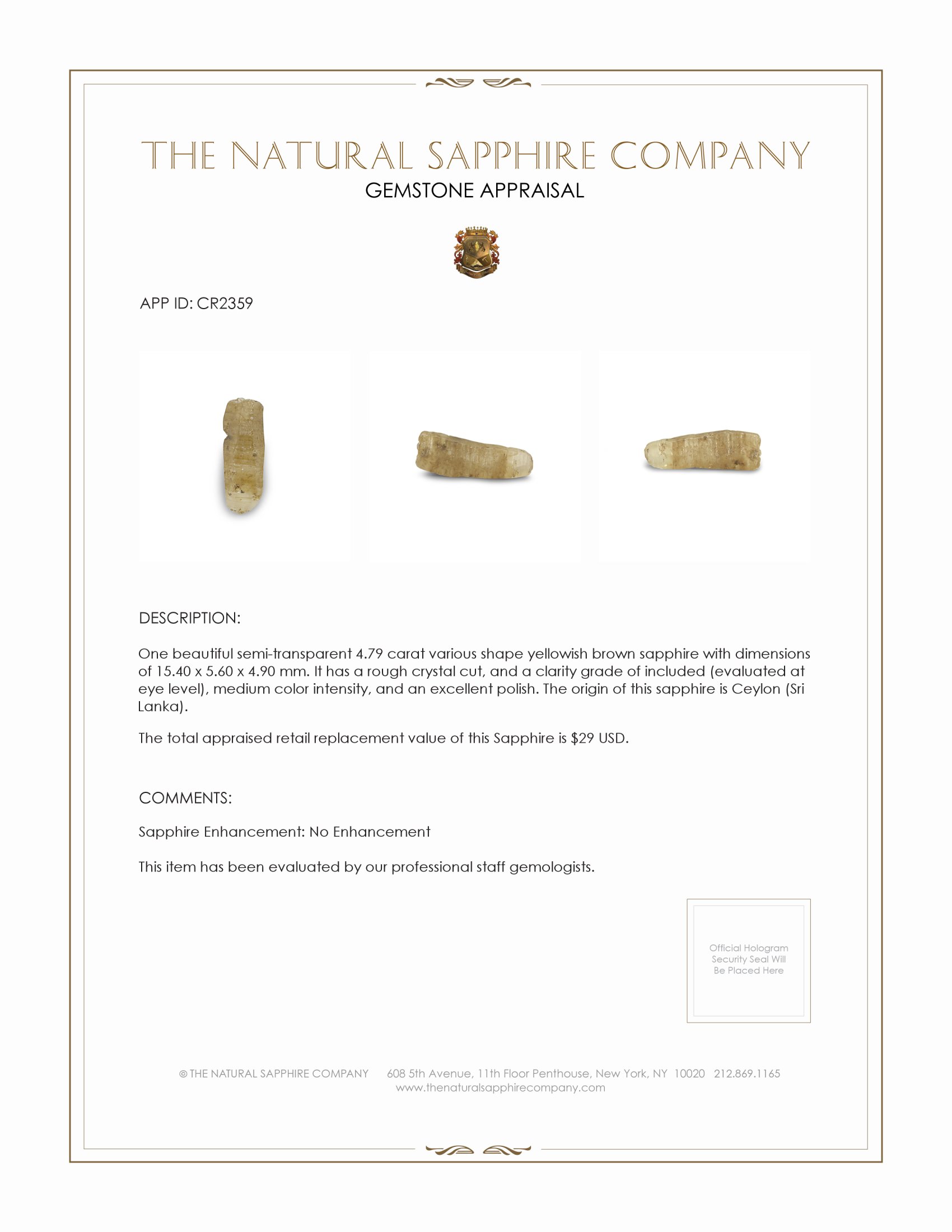 4.79 Ct. Yellowish Brown Sapphire Crystal from Ceylon (Sri Lanka)