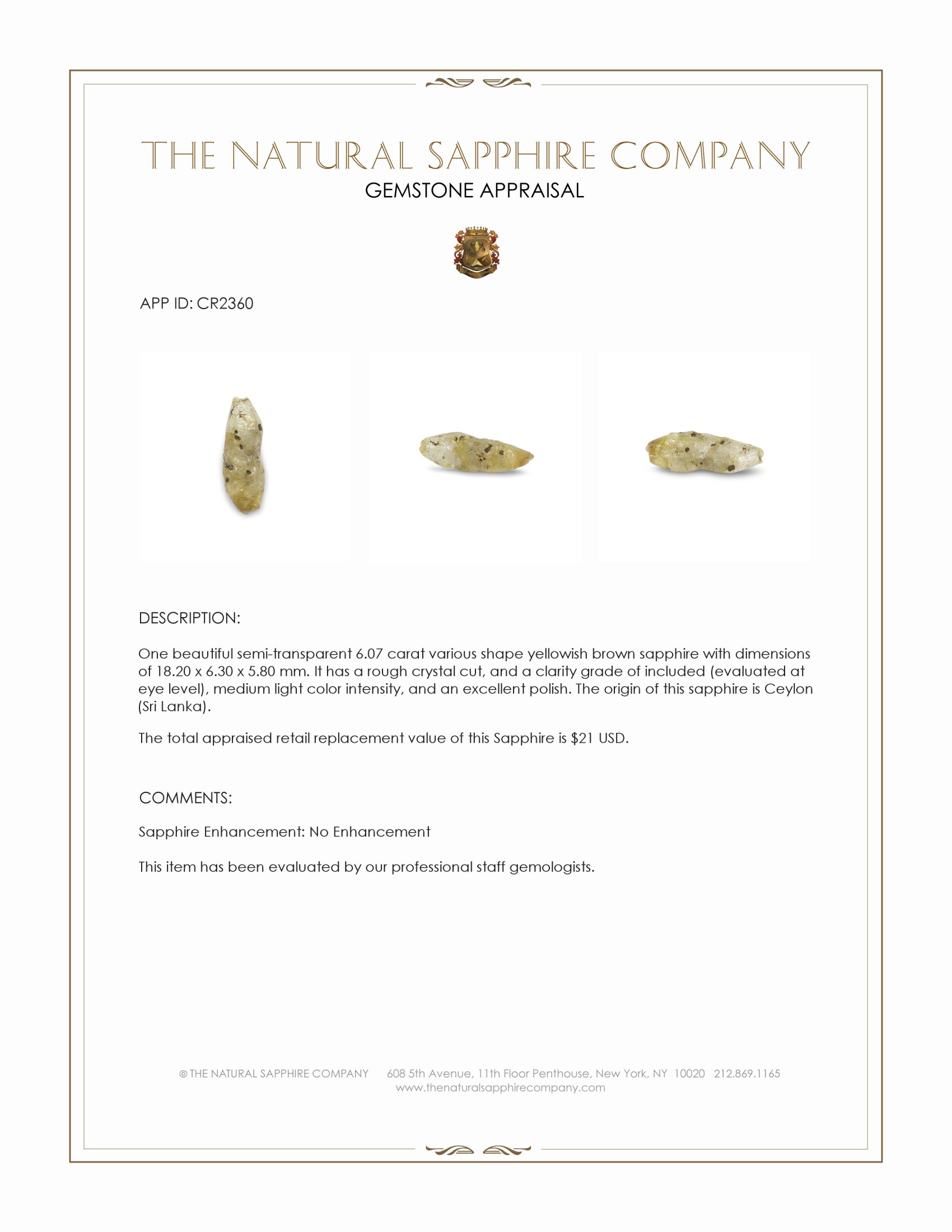 6.07 Ct. Yellowish Brown Sapphire Crystal from Ceylon (Sri Lanka)