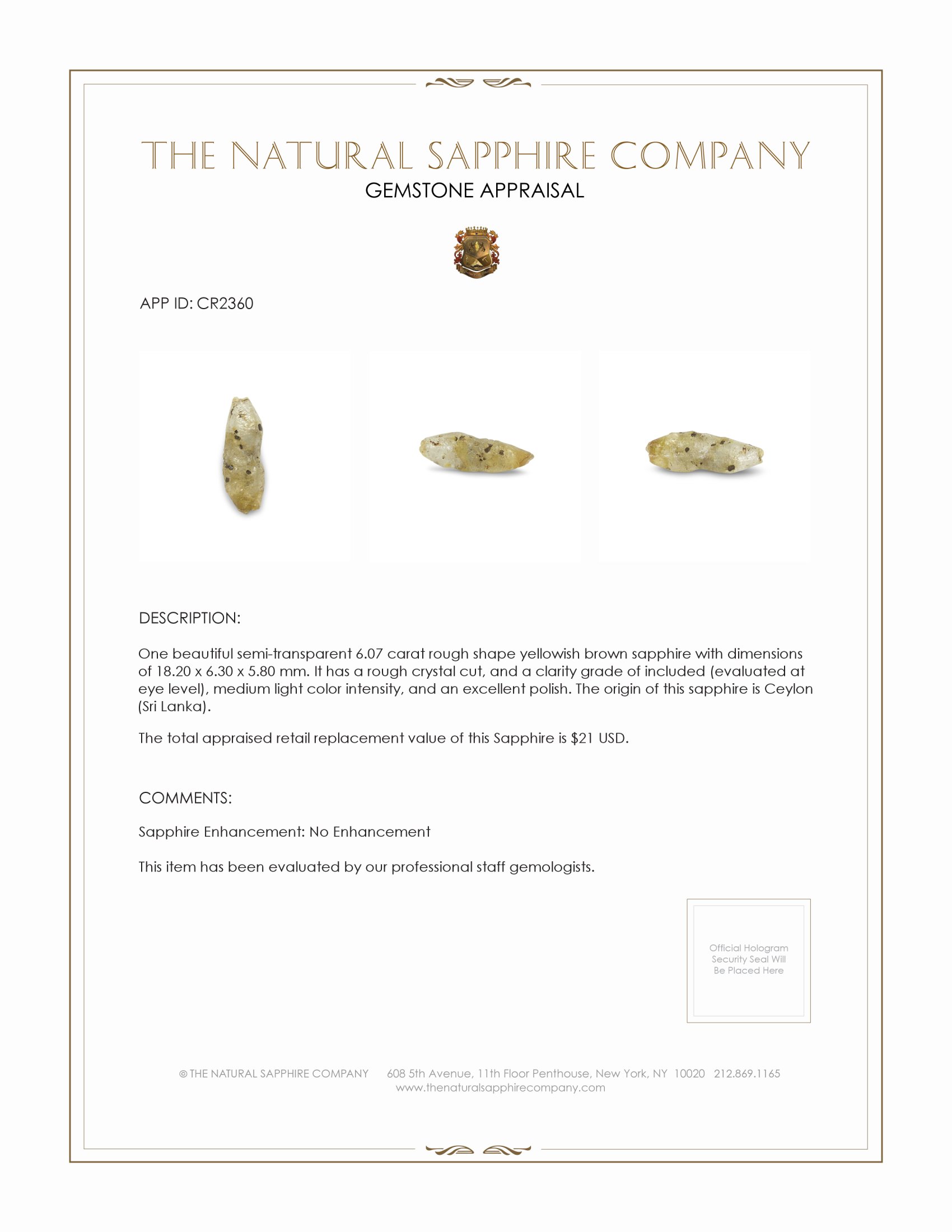 6.07 Ct. Yellowish Brown Sapphire Crystal from Ceylon (Sri Lanka)