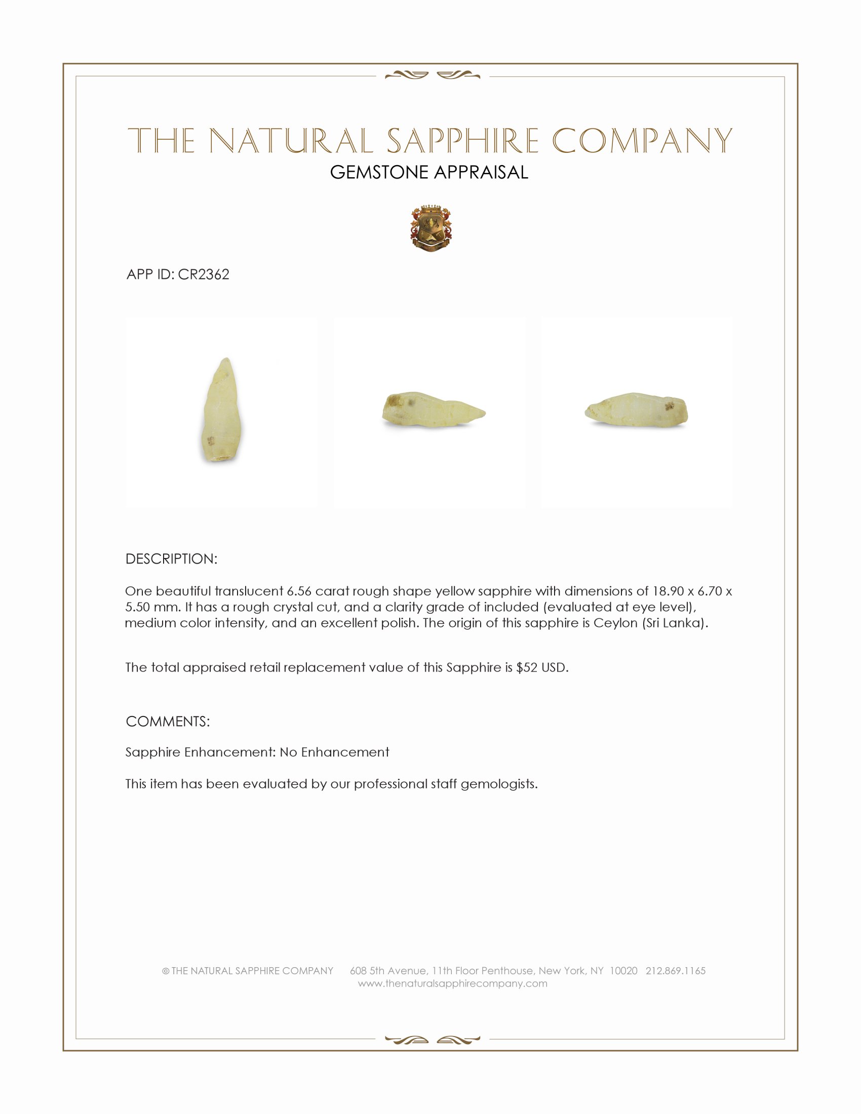 6.56 Ct. Yellow Rough Sapphire Crystal from Ceylon (Sri Lanka)