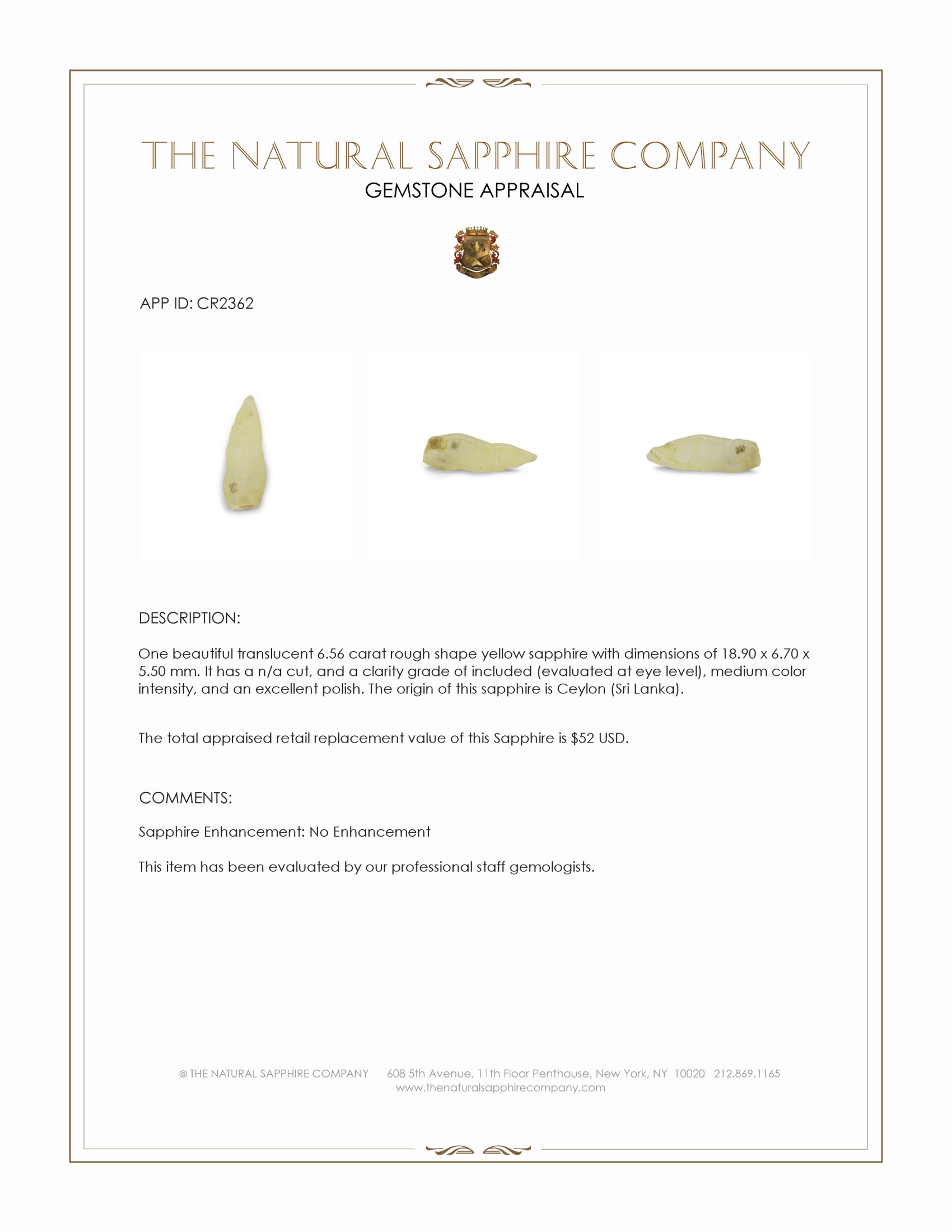 6.56 Ct. Yellow Rough Sapphire from Ceylon (Sri Lanka)