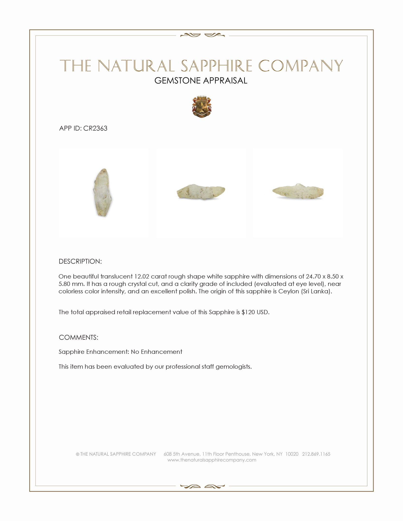 12.02 Ct. White Rough Sapphire Crystal from Ceylon (Sri Lanka)