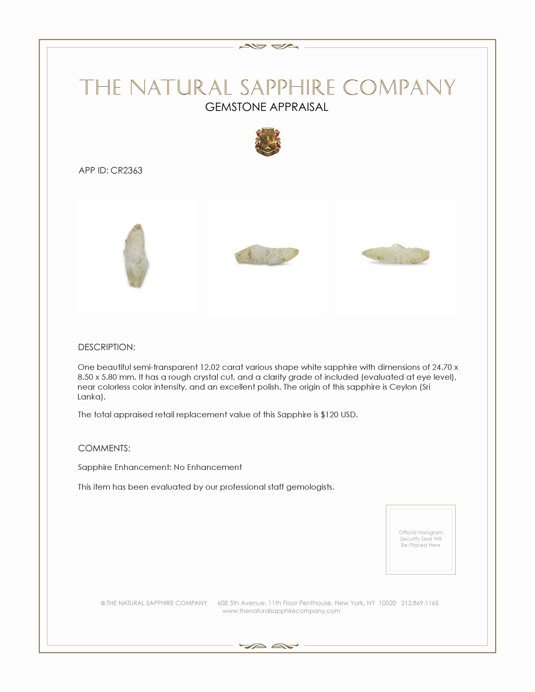 12.02 Ct. White Sapphire Crystal from Ceylon (Sri Lanka)