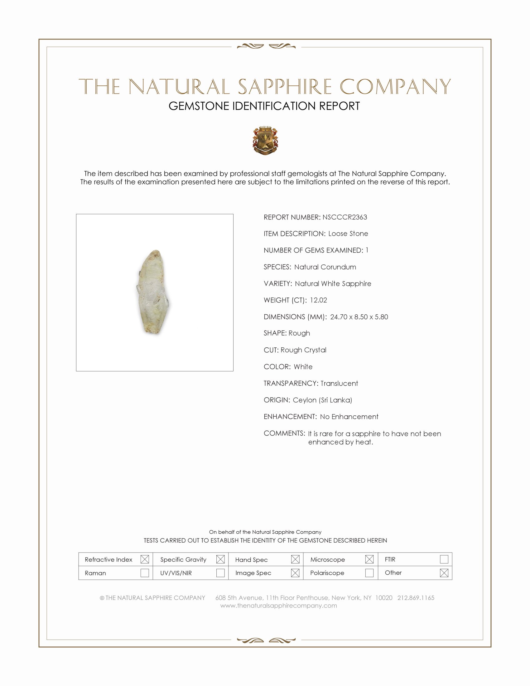 12.02 Ct. White Rough Sapphire Crystal from Ceylon (Sri Lanka)