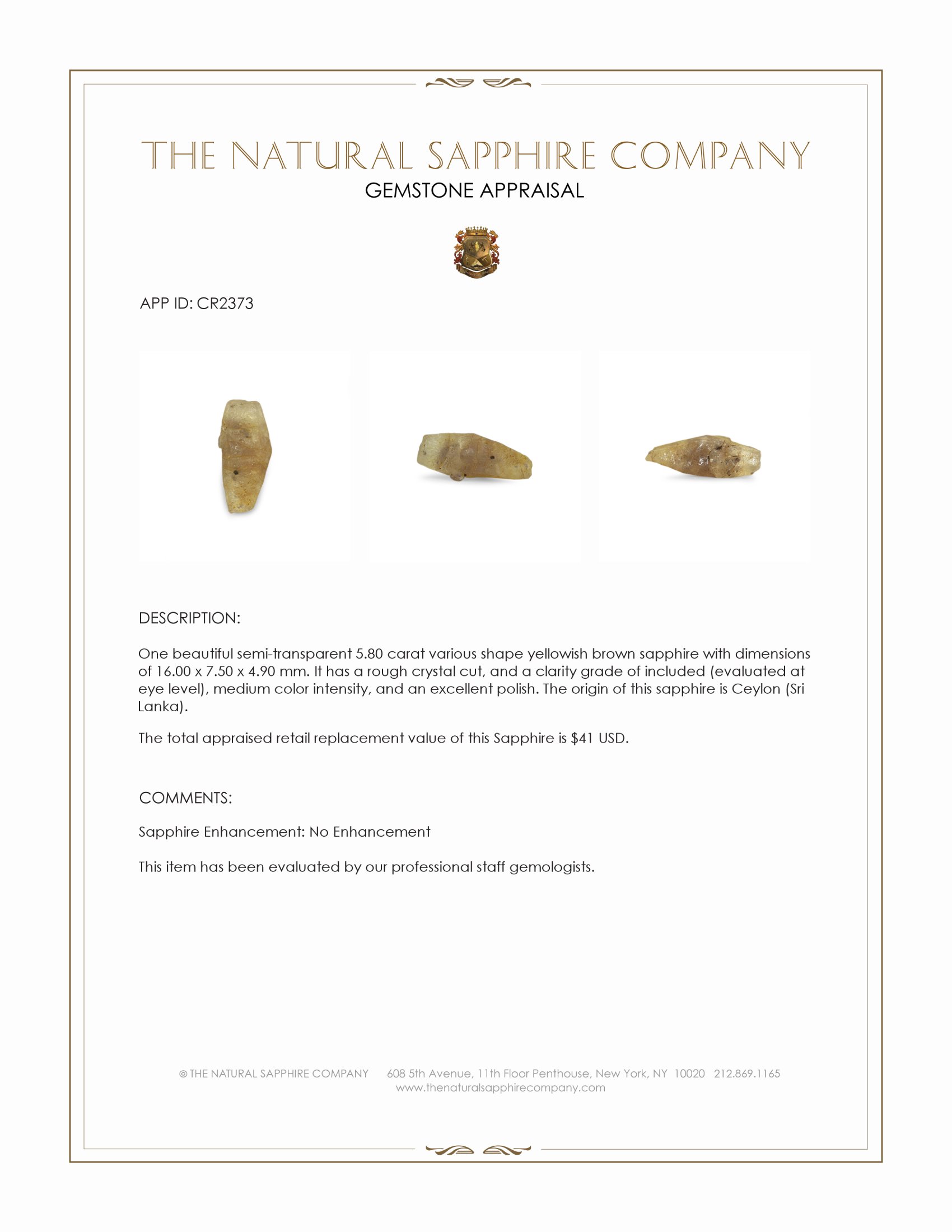 5.80 Ct. Yellowish Brown Sapphire Crystal from Ceylon (Sri Lanka)