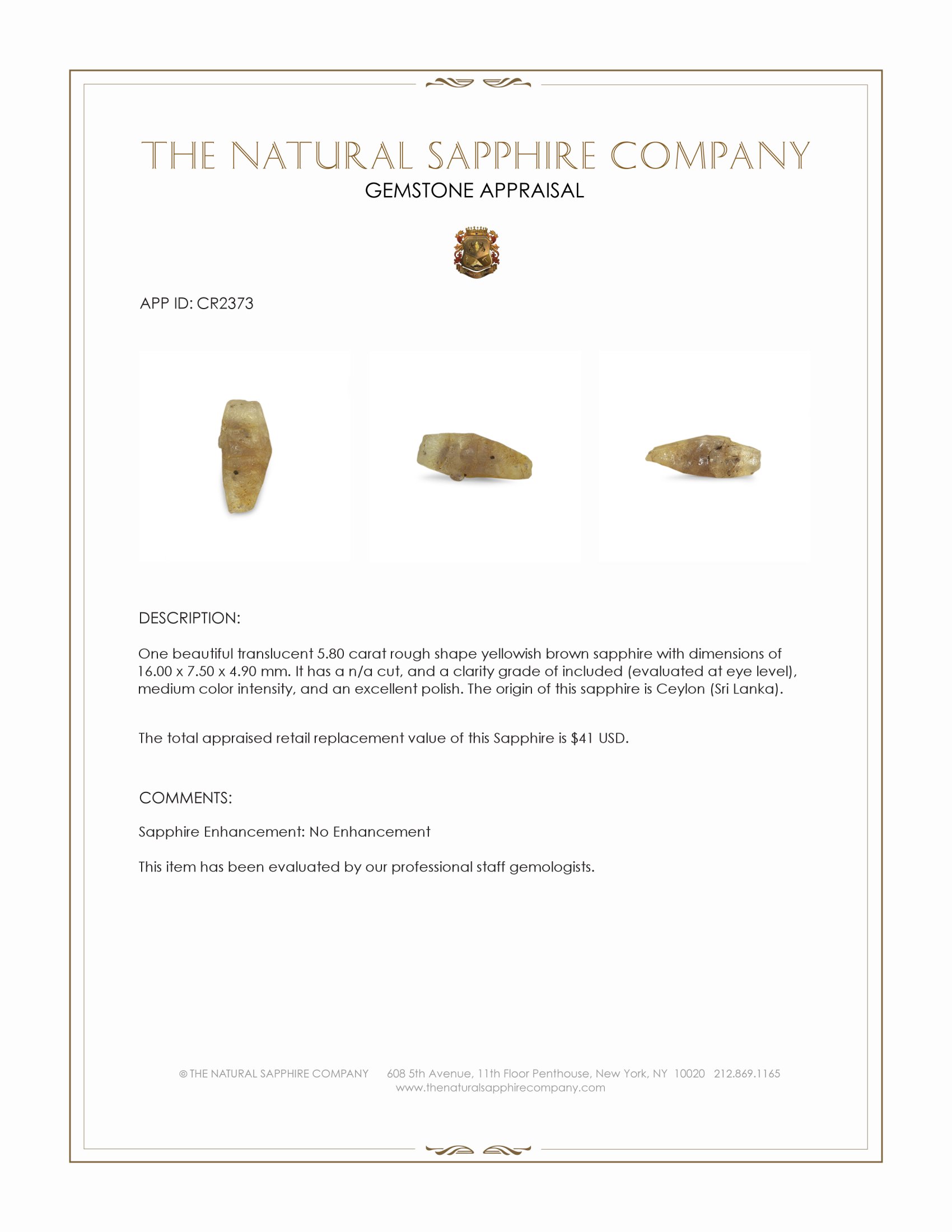 5.80 Ct. Yellowish Brown Rough Sapphire from Ceylon (Sri Lanka)