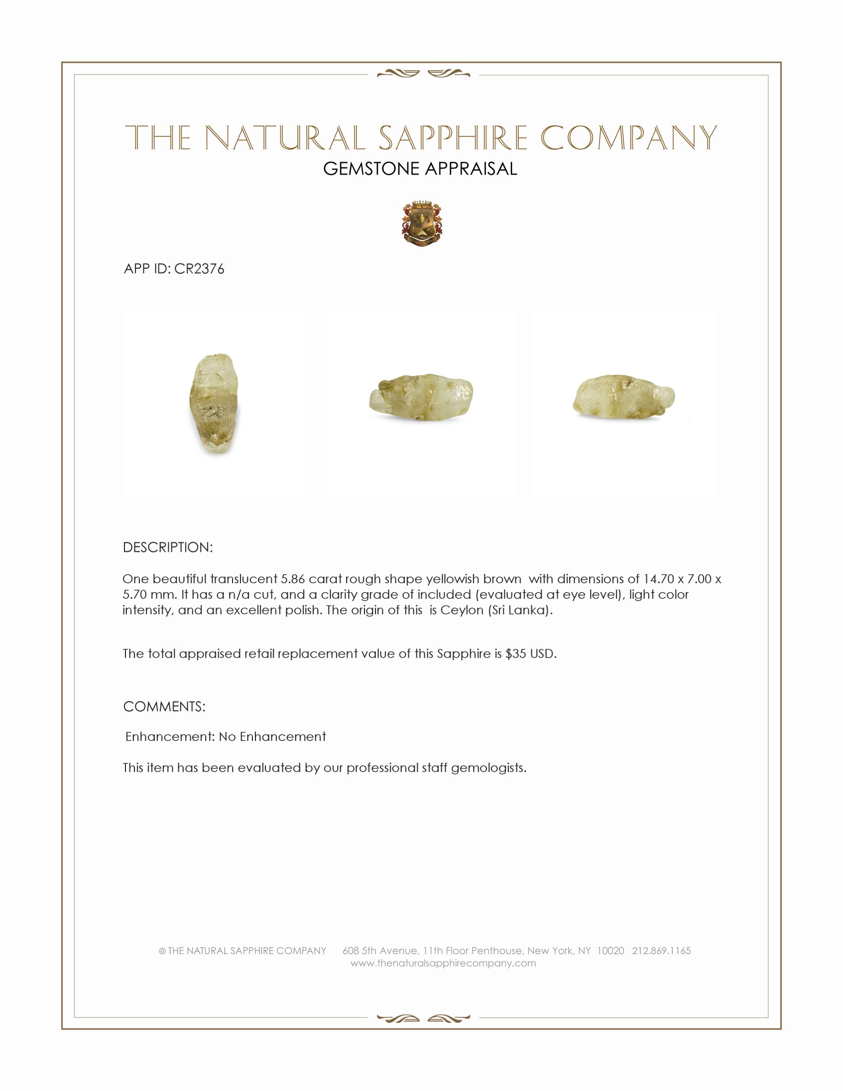 5.86 Ct. Yellowish Brown Rough Sapphire from Ceylon (Sri Lanka)