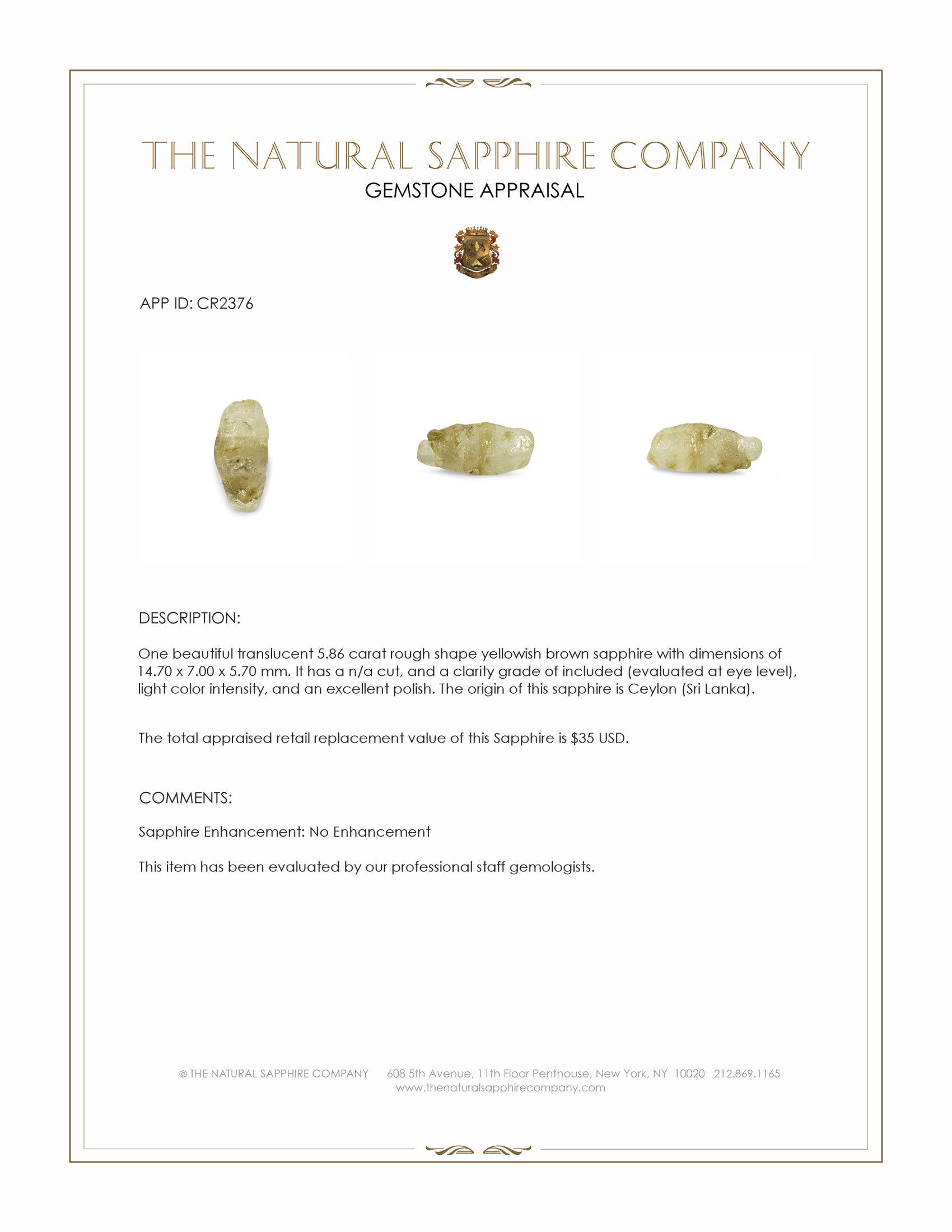 5.86 Ct. Yellowish Brown Rough Sapphire from Ceylon (Sri Lanka)