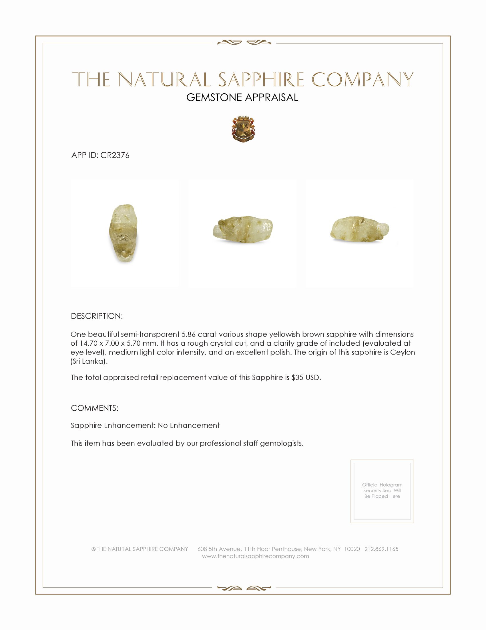 5.86 Ct. Yellowish Brown Sapphire Crystal from Ceylon (Sri Lanka)