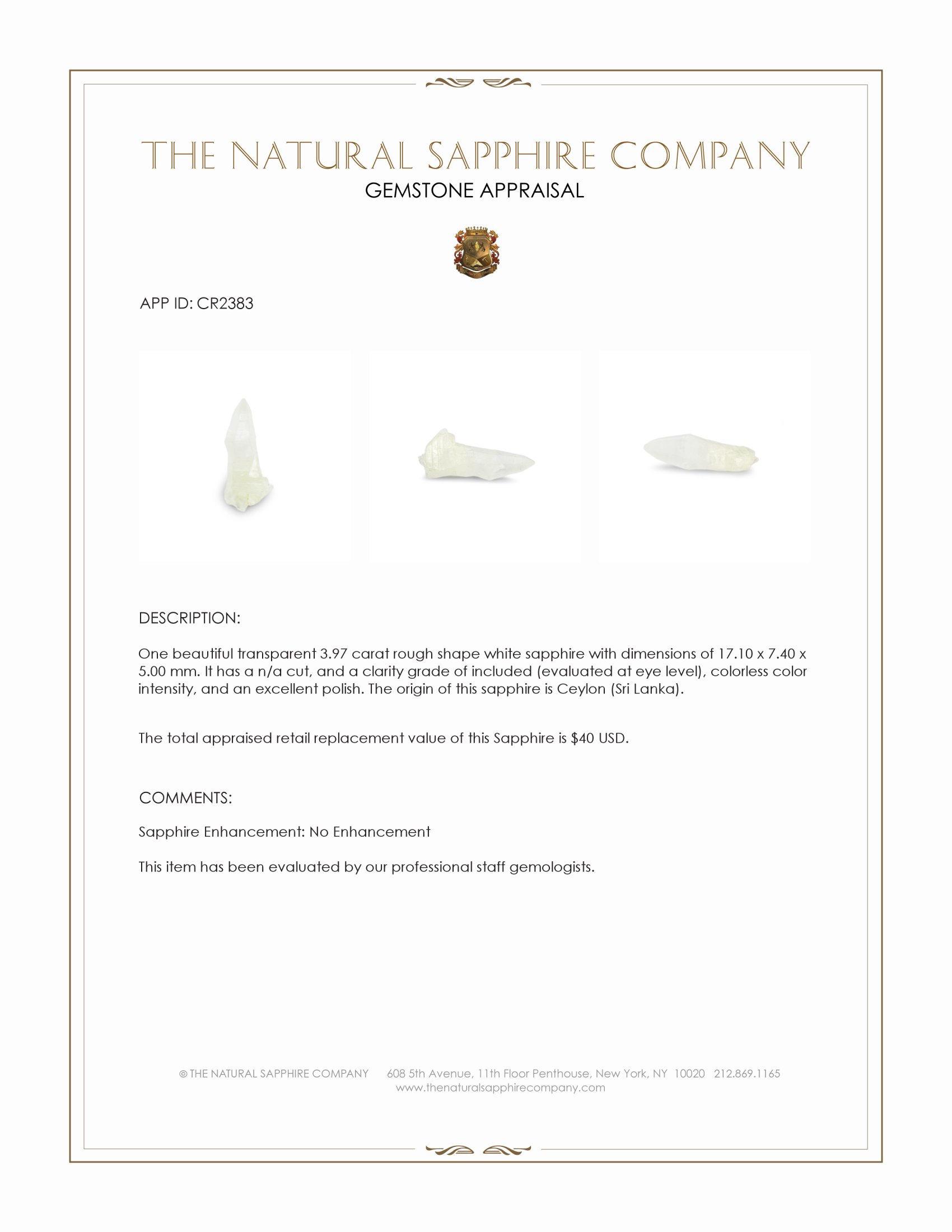 3.97 Ct. White Rough Sapphire from Ceylon (Sri Lanka)