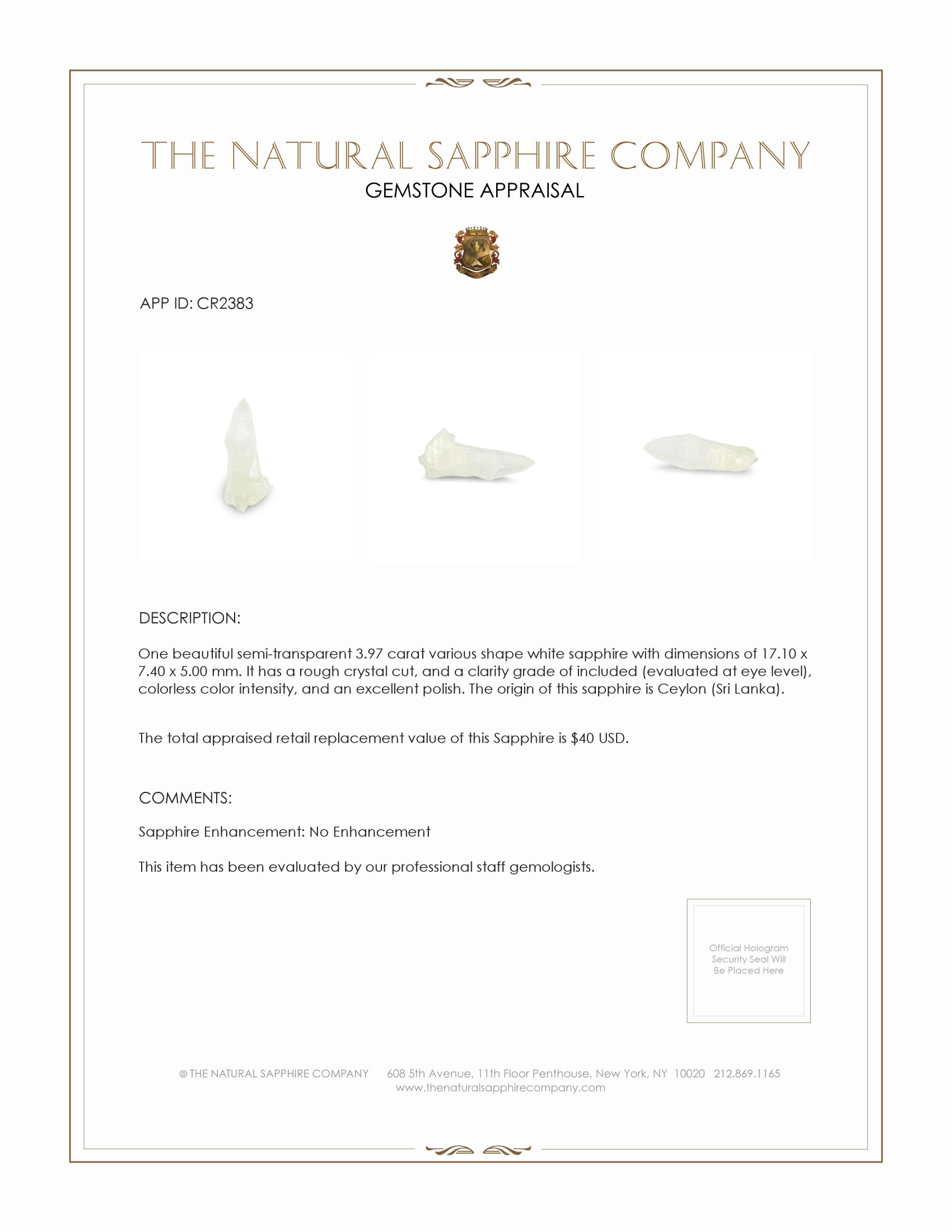 3.97 Ct. White Sapphire Crystal from Ceylon (Sri Lanka)