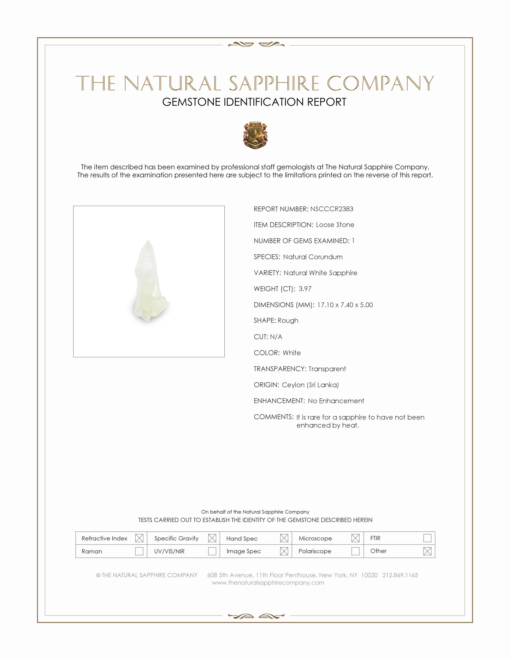 3.97 Ct. White Rough Sapphire from Ceylon (Sri Lanka)