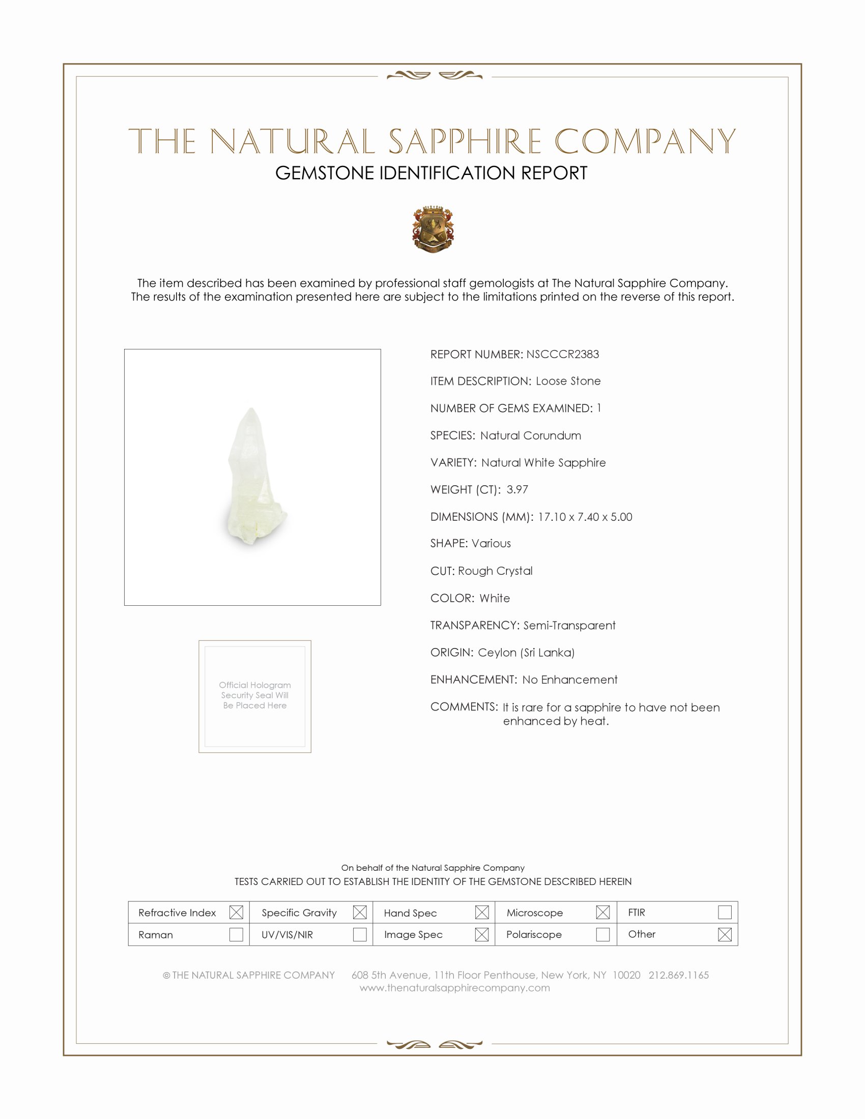 3.97 Ct. White Sapphire Crystal from Ceylon (Sri Lanka)