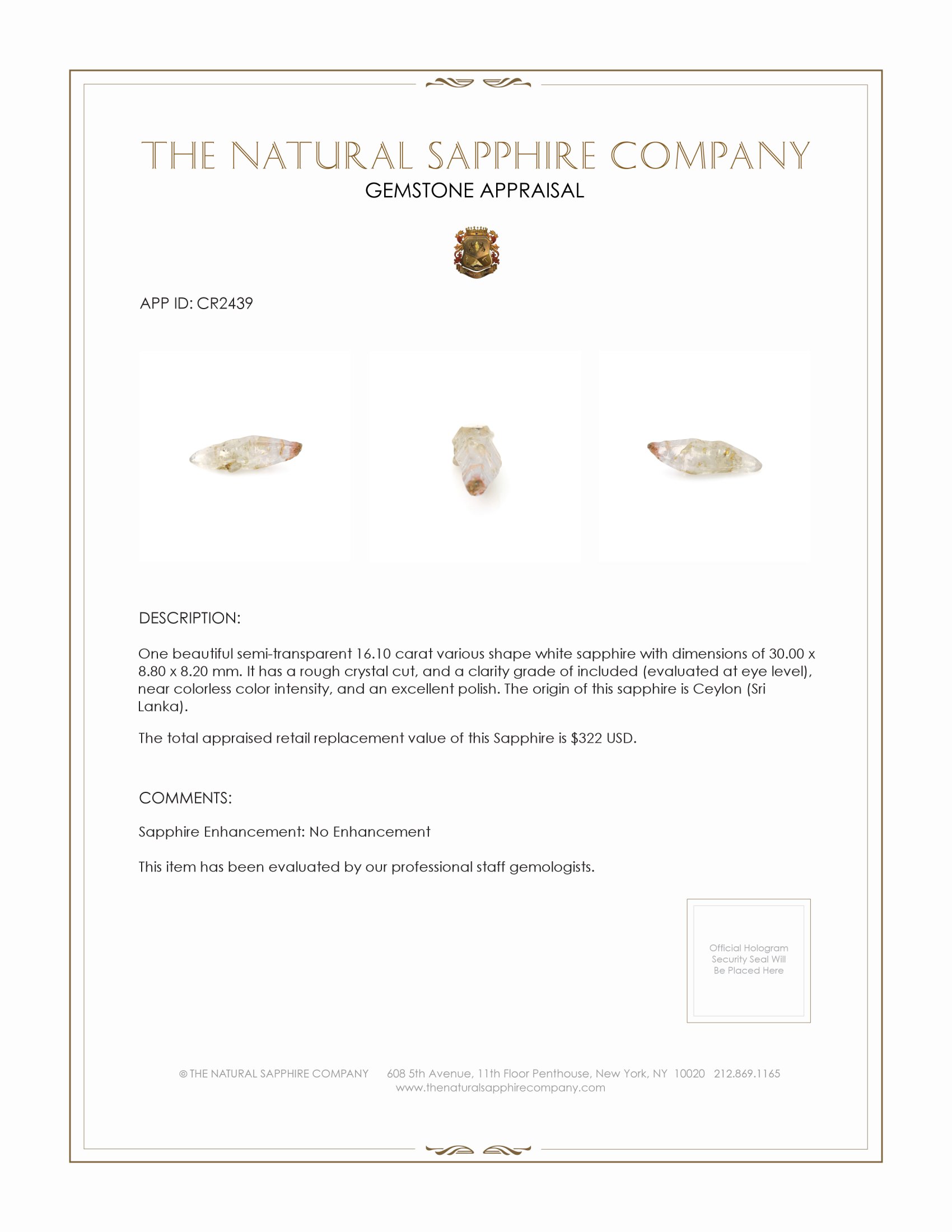 16.10 Ct. White Sapphire Crystal from Ceylon (Sri Lanka)