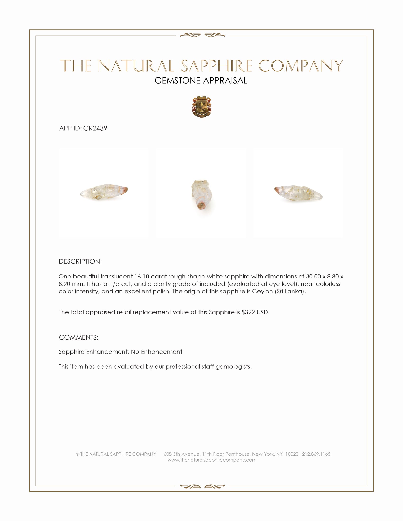 16.10 Ct. White Rough Sapphire from Ceylon (Sri Lanka)